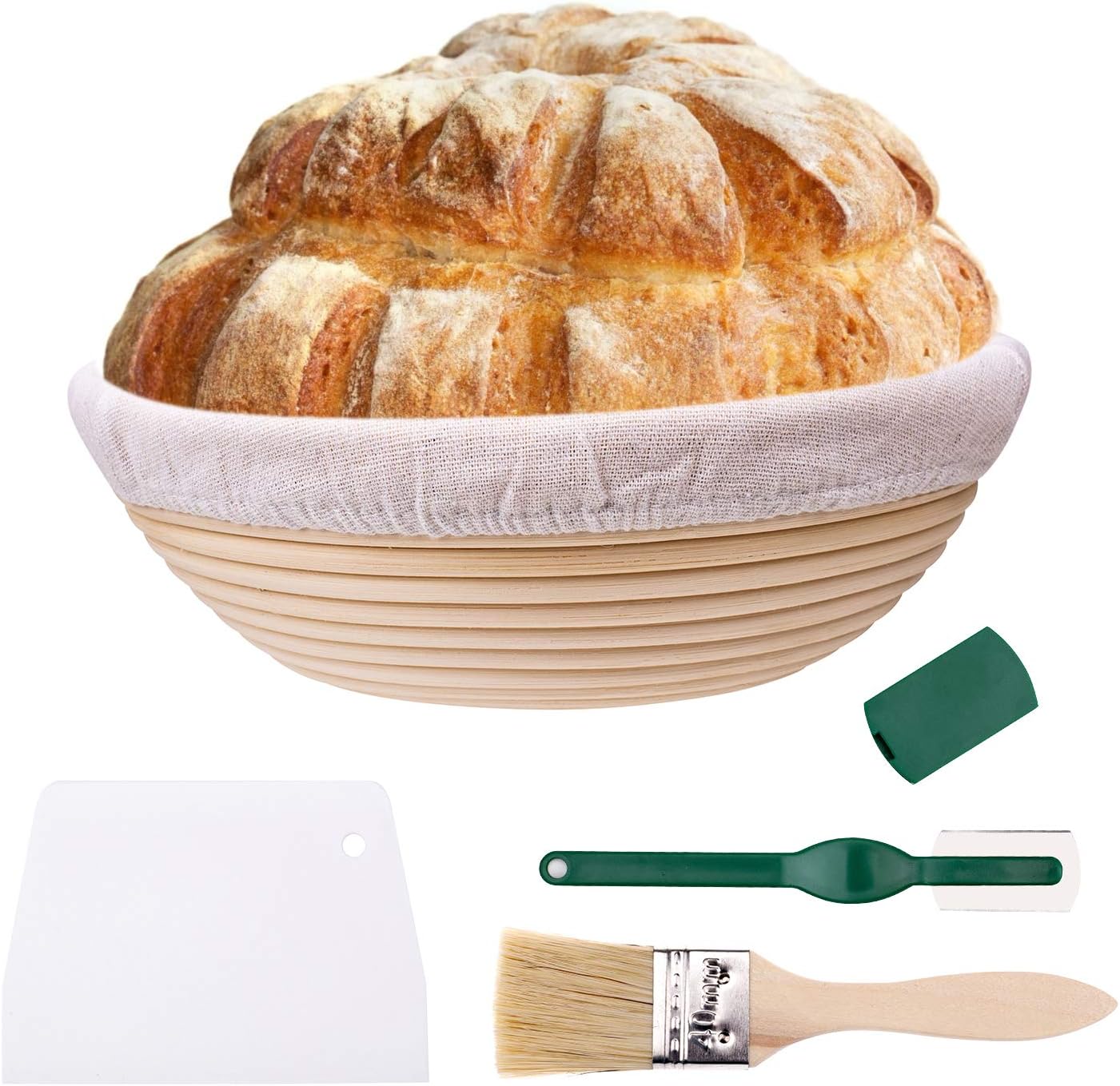 Banneton Proofing Basket 10 Inch Large Round Bread Proofing Basket Natural Rattan Bowl for Home Bakers, with Cloth Liner, Scraper, Bread Lame, Bristle Brush