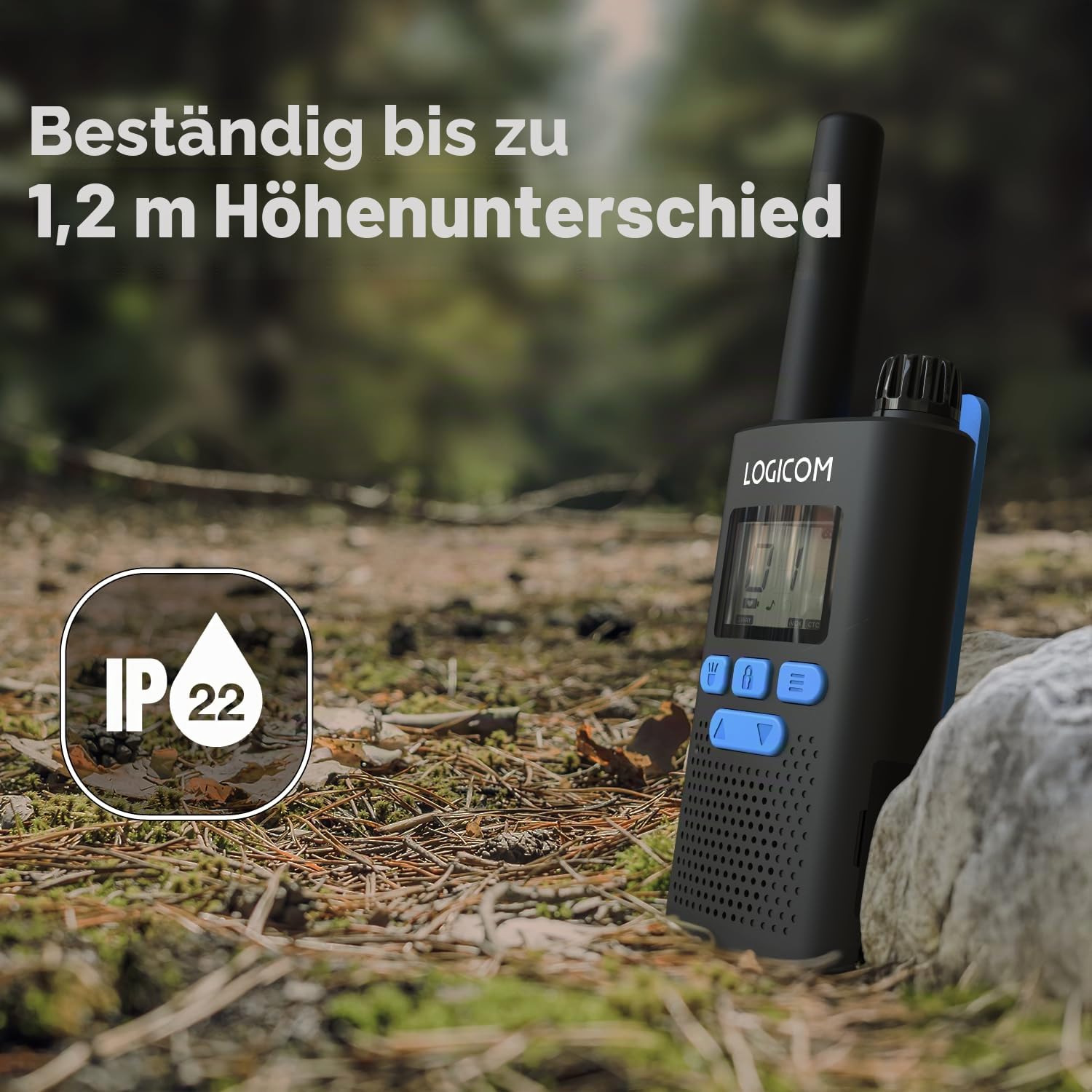 Logicom – Essential – Walkie-Talkie – PMR446 – lizenzfrei – bis zu 10 km Reichweite – 20 Std. Akkulaufzeit – LCD-Display – USB-C – Taschenlampe – VOX-Freisprechfunktion – 16 Kanäle – 1000 mAh Akku – 2