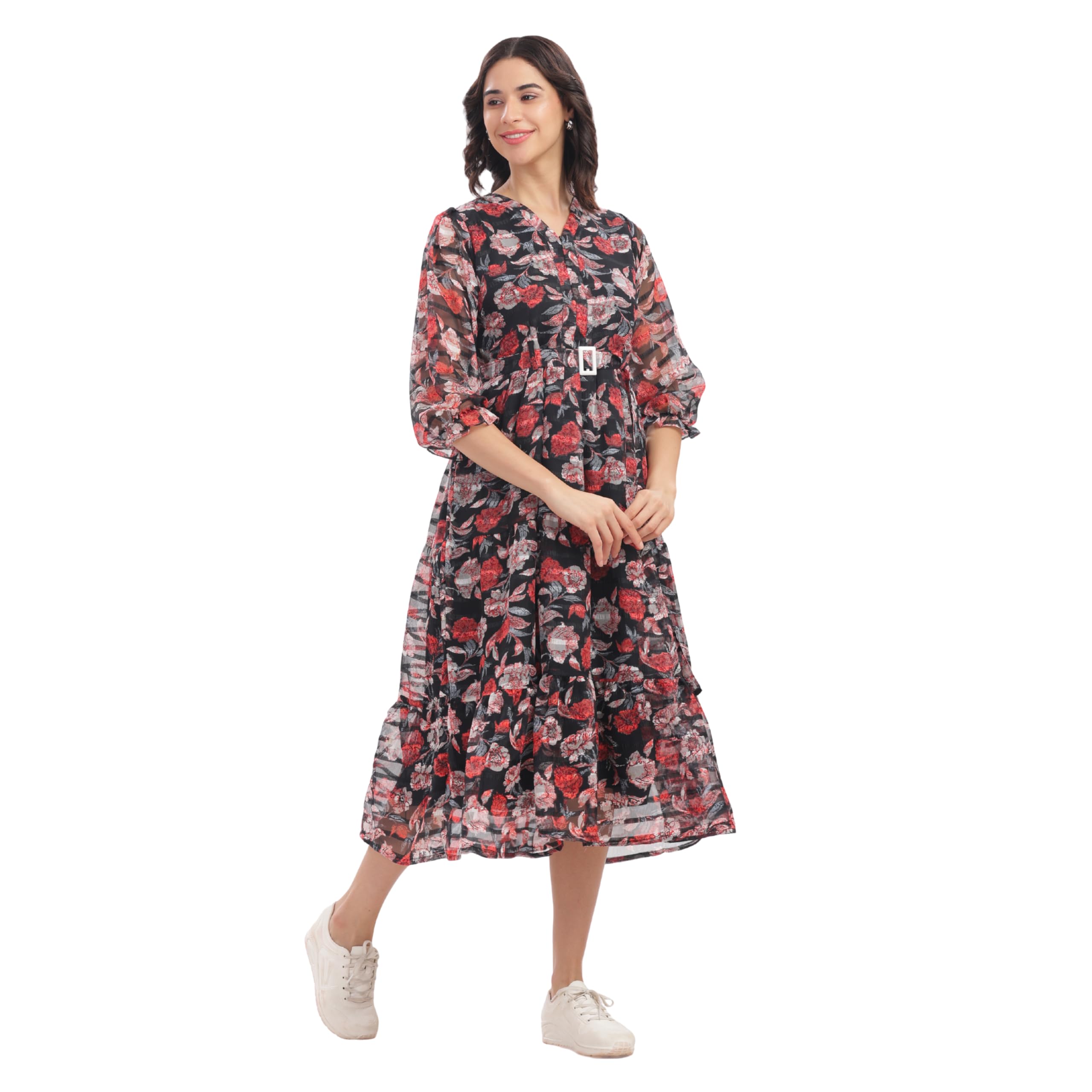 happima Women's Floral Midi Feeding Dress with Front Zip | Nursing Friendly with Belt & Pockets | Comfortable Pregnancy Wear | Breathable Printed Feeding Gown for Moms-picture-37