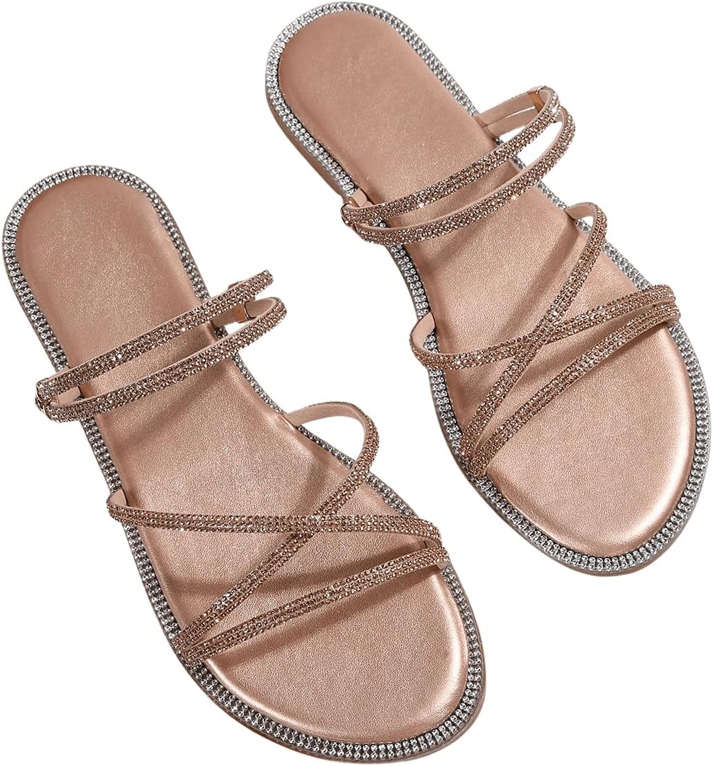 OYOANGLE Women's Rhinestone Strappy Open Toe Slide Sandals Slip on Casual Flat Sandals - Image 7