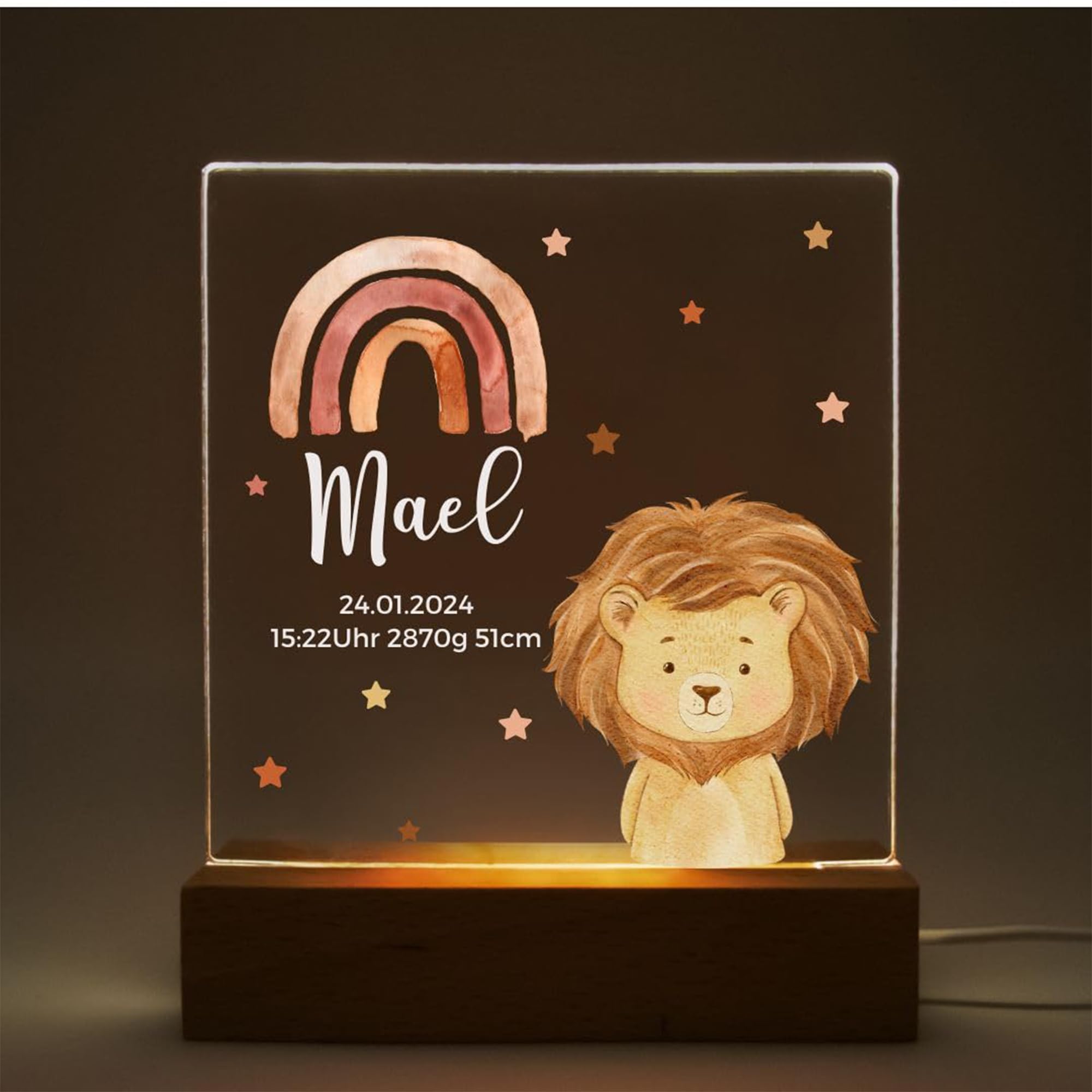 Nachtlicht Kinder personalisiert Löwe Regenbogen – LED Nachtlicht Baby & Stilllicht – Schlummerlicht für Kinderzimmer – Lampe mit Namen – Personalisiertes Geschenk zur Geburt für Jungen & Mädchen