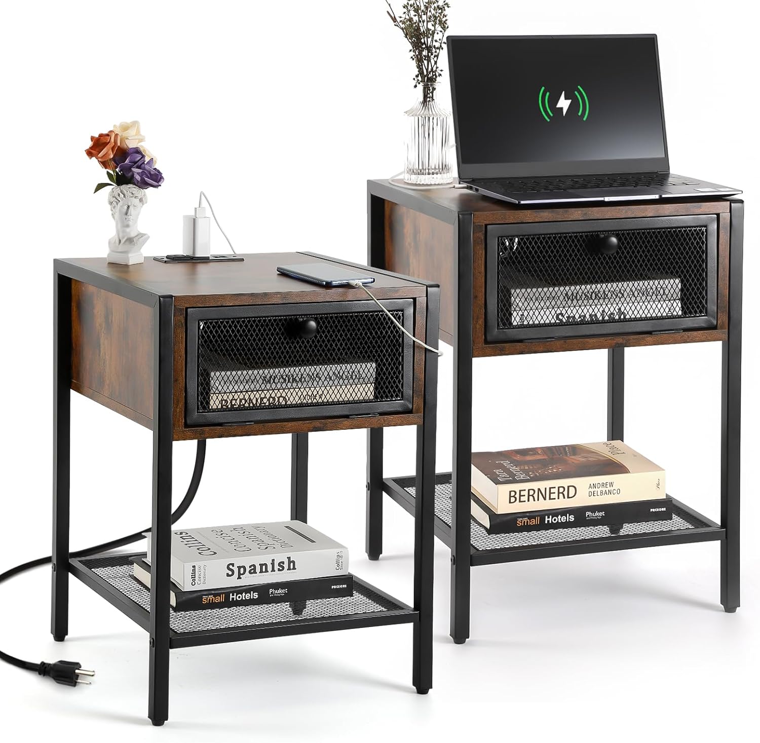 Nightstand with Charging Station,Side Table with Flip