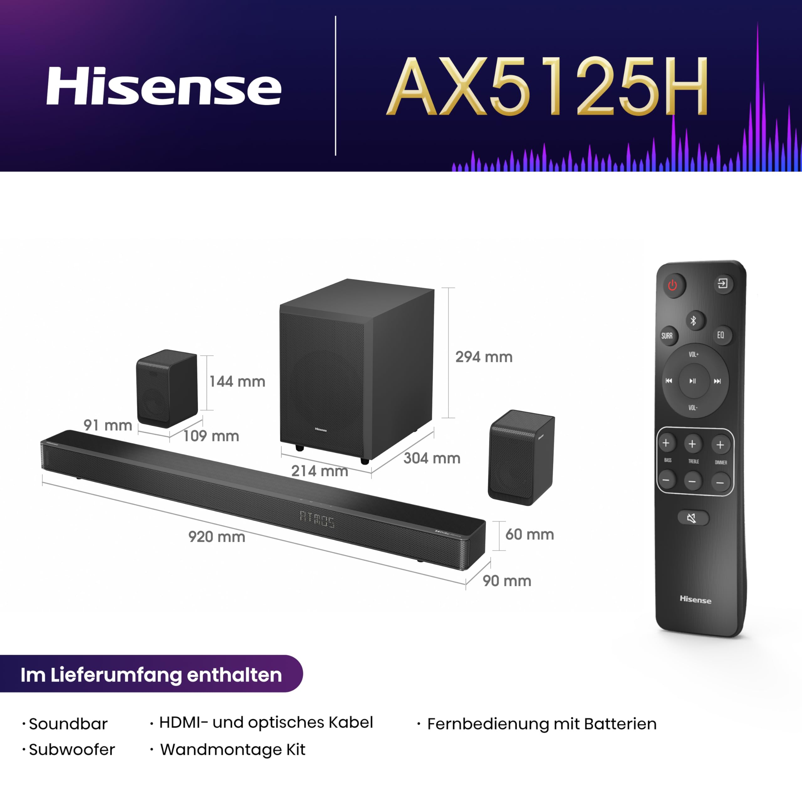 Hisense AX5125H 5.1.2 Soundbar mit kabellosem Subwoofer und Rücklautsprechern, 500W, Dolby Digital Plus, Dolby Atmos, Bluetooth, HDMI eARC/Optical/AUX/USB, Schwarz (2024)