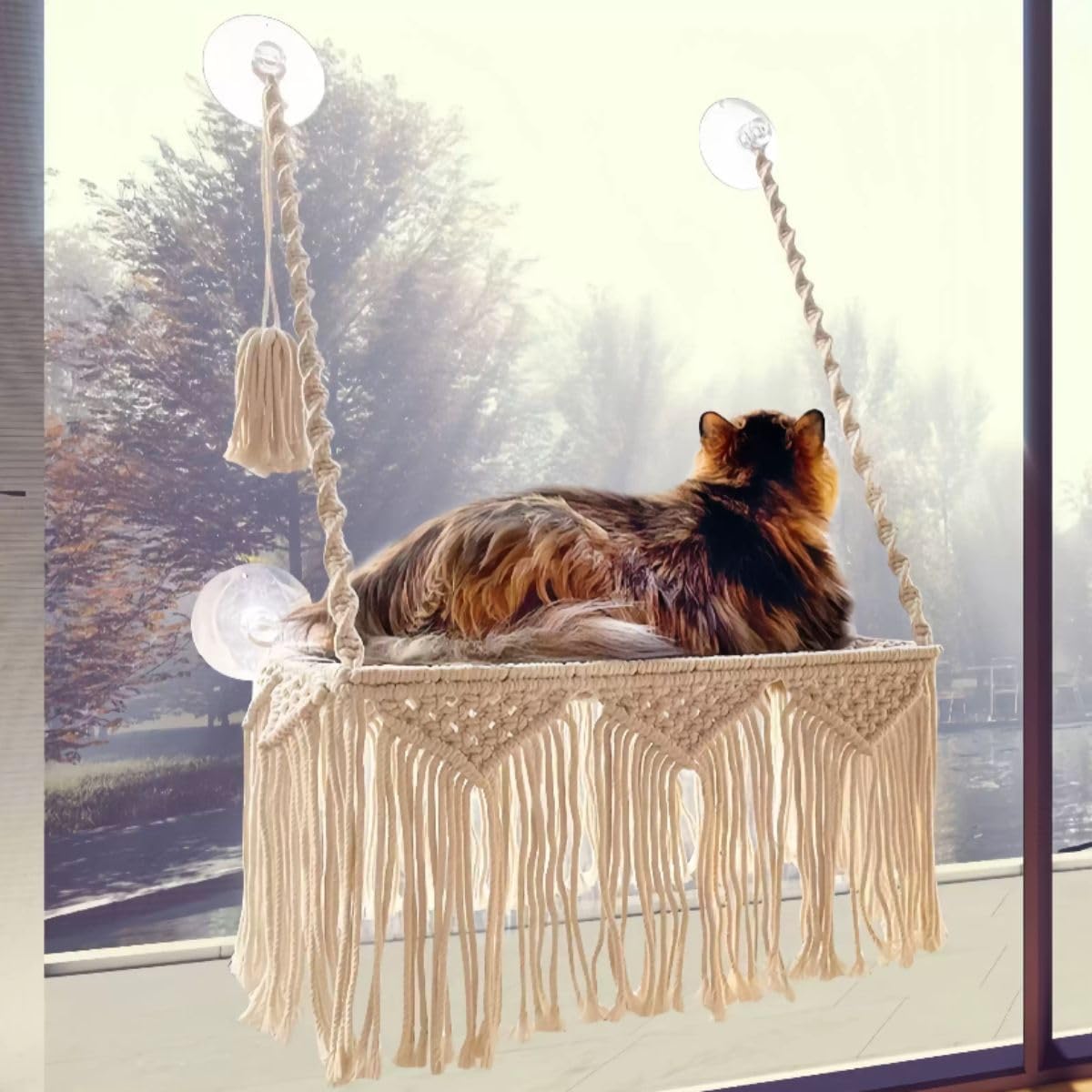 Macrame Cat Window Perch Boho Hammock with Screw Suction Cups Wall Mounted Pet Resting Seat Bed for Indoor, 45x28cm