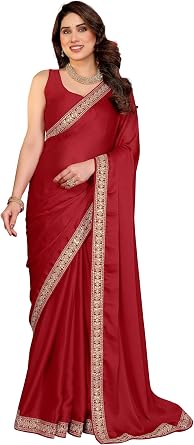 MOHIT CREATIONS Satin Chiffon Saree with Embroidery Work Lace, Plain Pattern, 5.5 Mtr Saree with 0.8 Mtr Blouse Fabric