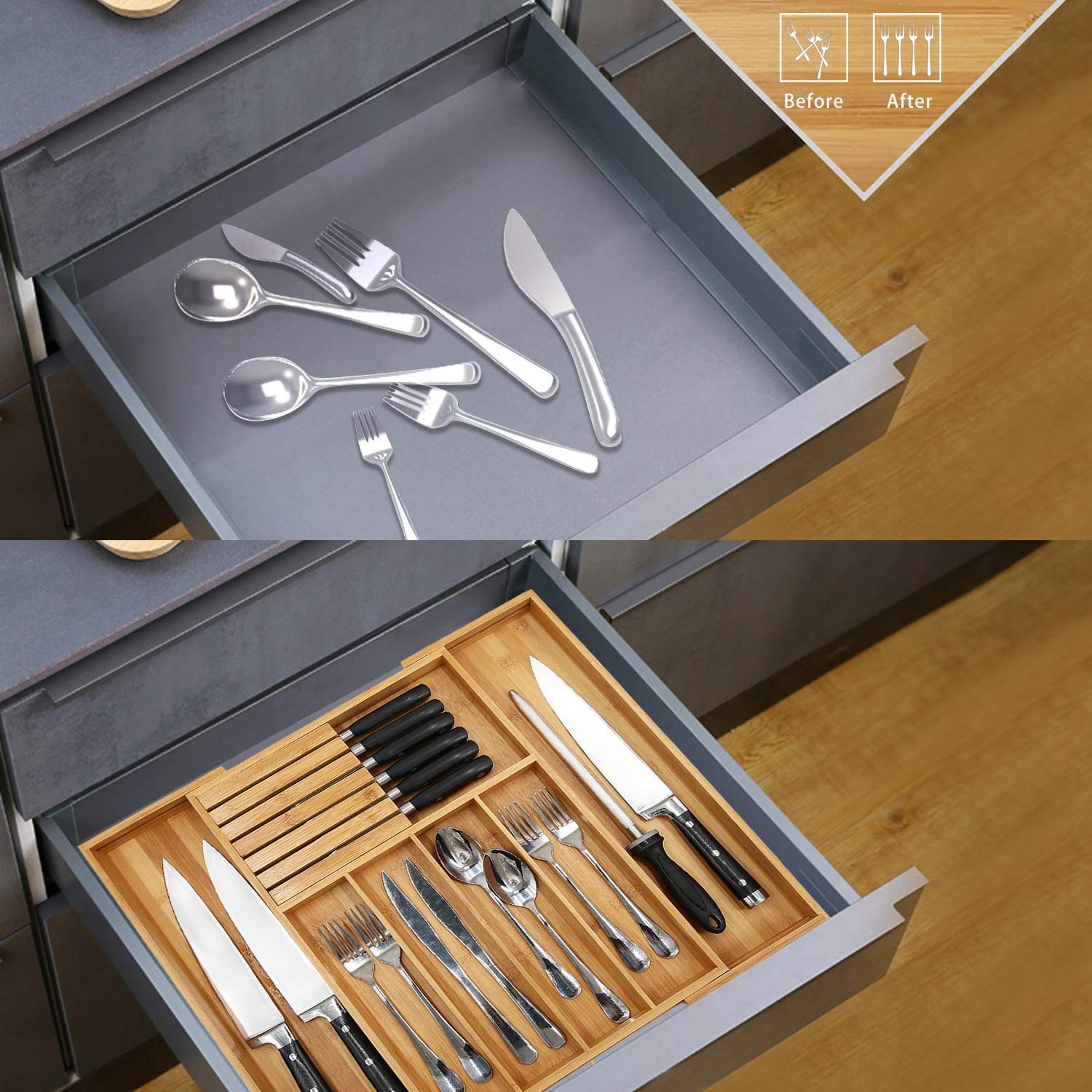Bamboo Silverware Drawer Organizer Kitchen, Expandable Utensil Holder
