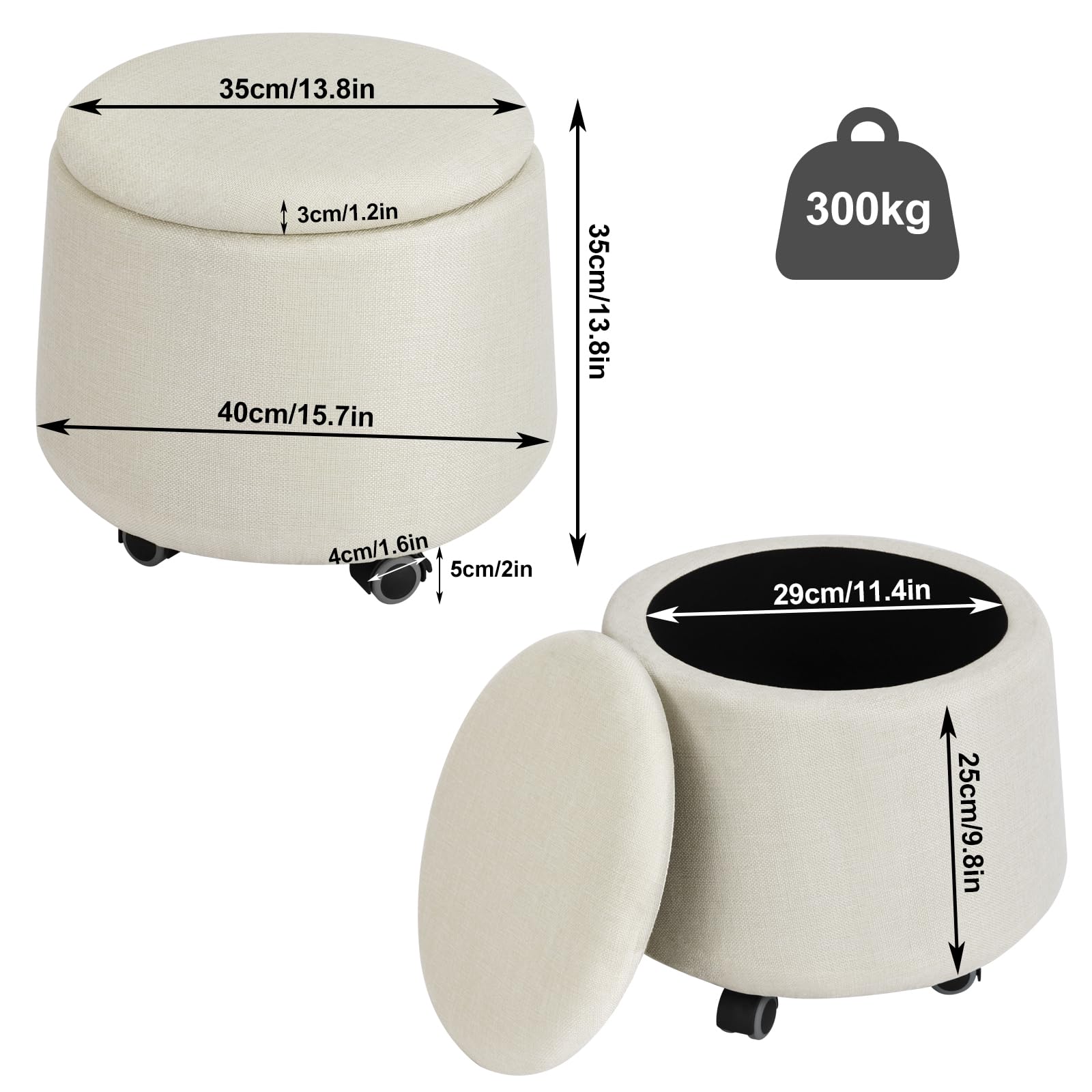 WOLTU Tabouret Rangement à roulettes, Repose Pied Salon, Pouf Rond Chambre, Coffre de Rangement Mobile avec Couvercle Amovible, Siège Rembourré, en Lin, Crème, SH91cm