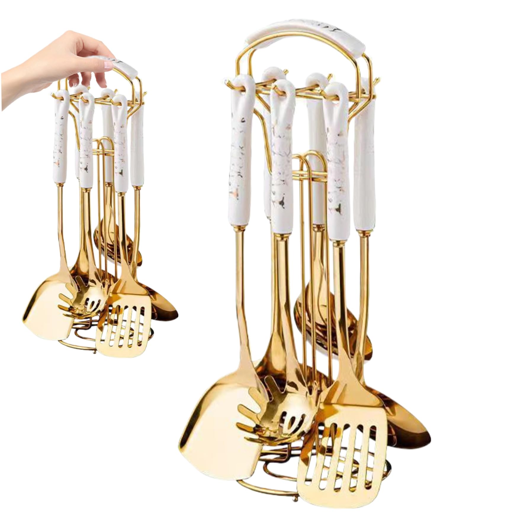 Juego de 7 Utensilios de Cocina de Acero Inoxidable, Utensilios Dorados con Soporte, Apto para lavavajillas, de Cocina de Metal para Colgar Que Incluyen espátula, cucharón y Cuchara par