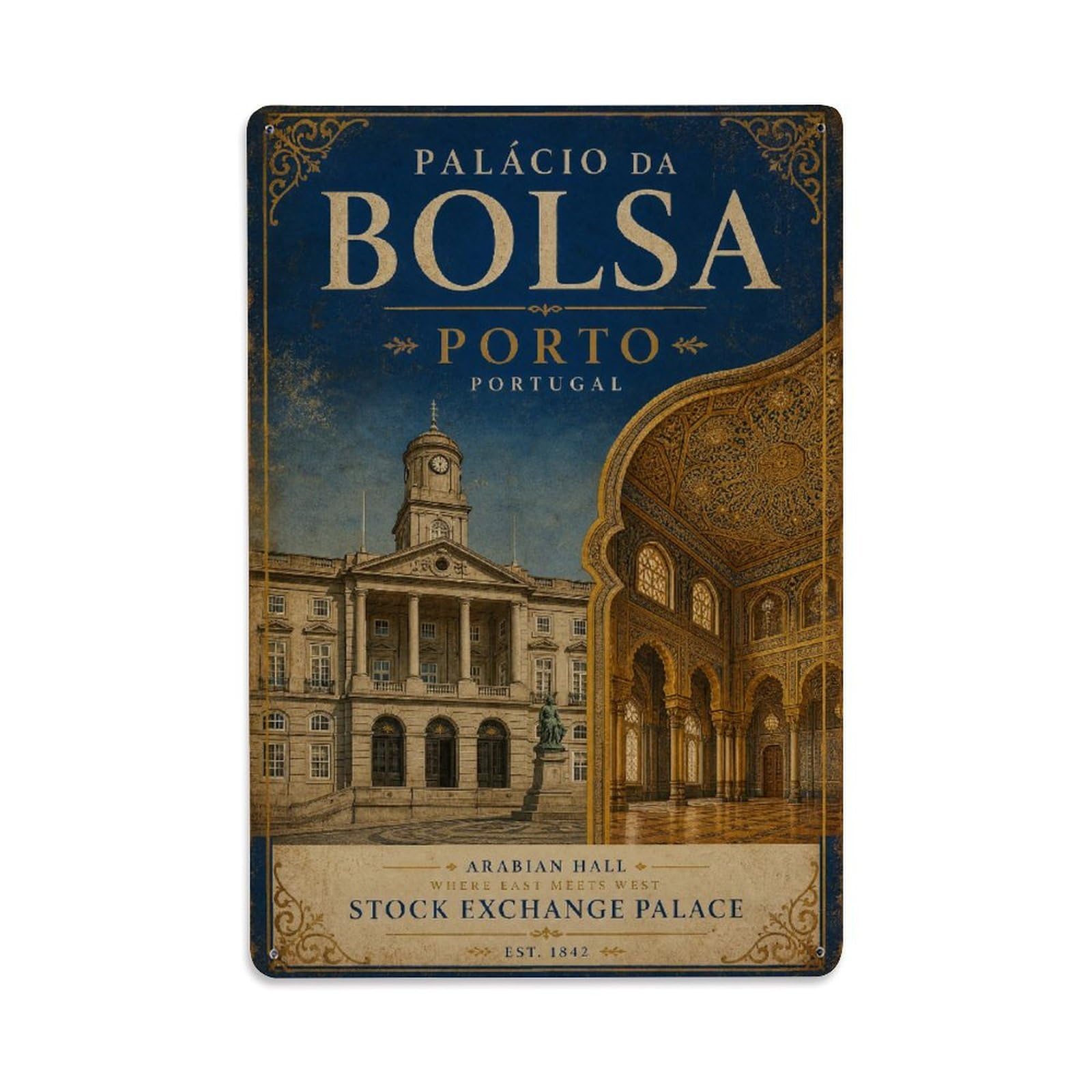 Yrnq 08X12inch Vintage Style Vintage Palacio Bolsa Stock Exchange Neoclassical Portugal Metal Tin Sign