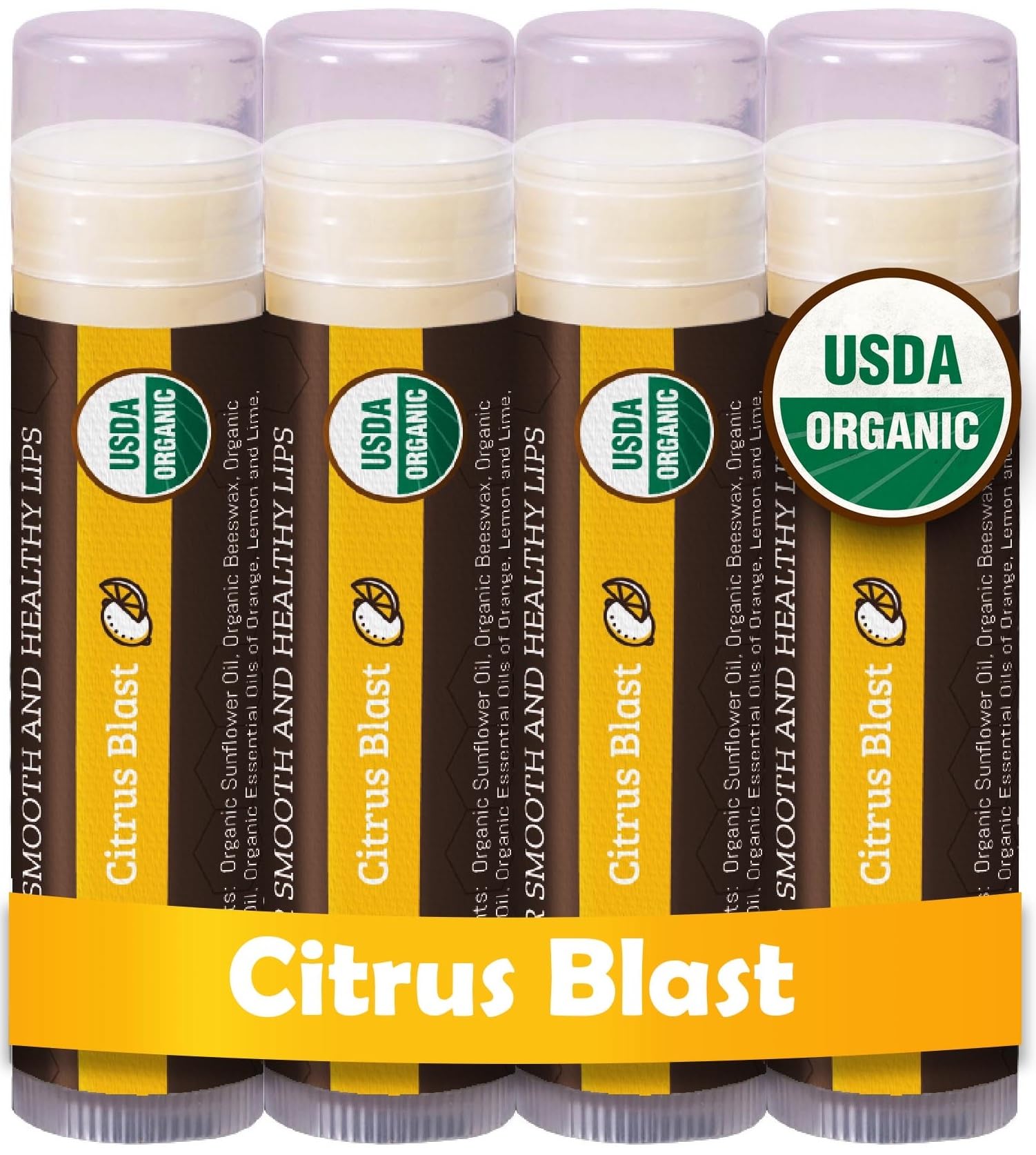 Earth's Daughter USDA Organic Lip Balm 4-Pack Citrus Flavor - Beeswax, Coconut Oil, Vitamin E - Best Lip Repair Chapstick for Dry Cracked Lips.