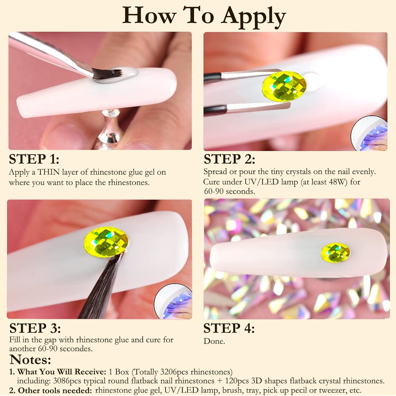 Dowarm 3200PCS Nail Art Rhinestones, Citrine/Yellow Flatback Rhinestones for Nails, Crafts, 12 Styles 3D Glass Crystal Nail Gems, Glitter Diamond - Image 4