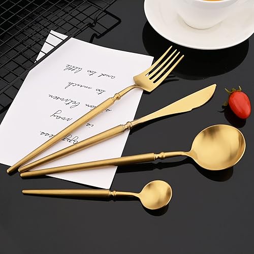 Miniatura 29 de JASHII Juego de cubiertos único de 16 piezas, acero inoxidable 304, acabado mate, juego de cubiertos vintage con mango vintage, cuchillo tenedor
