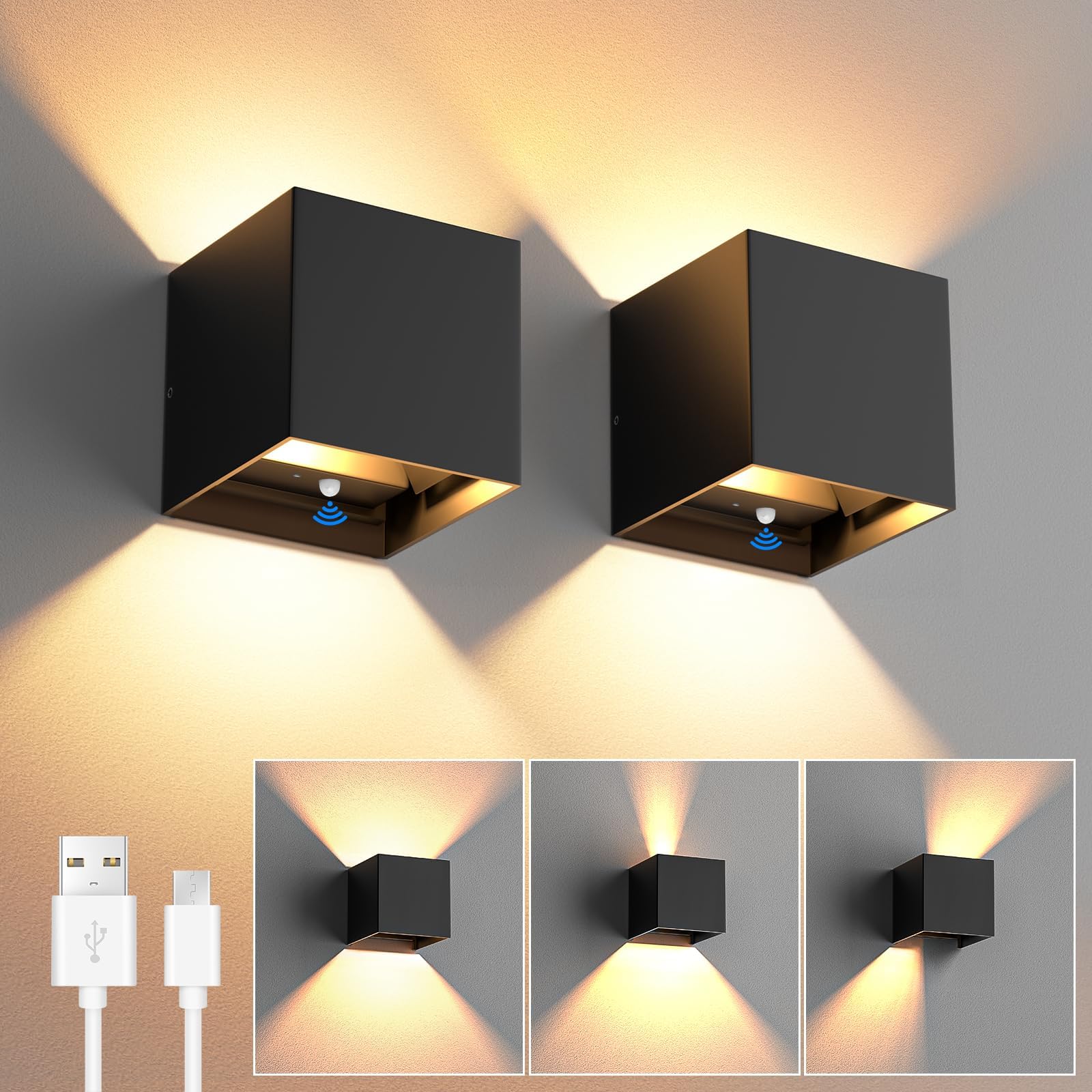 Lámpara de Pared con Batería de 4000mAh 2 Unidades sin Conexión de Alimentación con Detector de Movimiento Recargable LED Lámpara de Pared Inalámbrica para Pasillo Escalera Salón Dormitorio