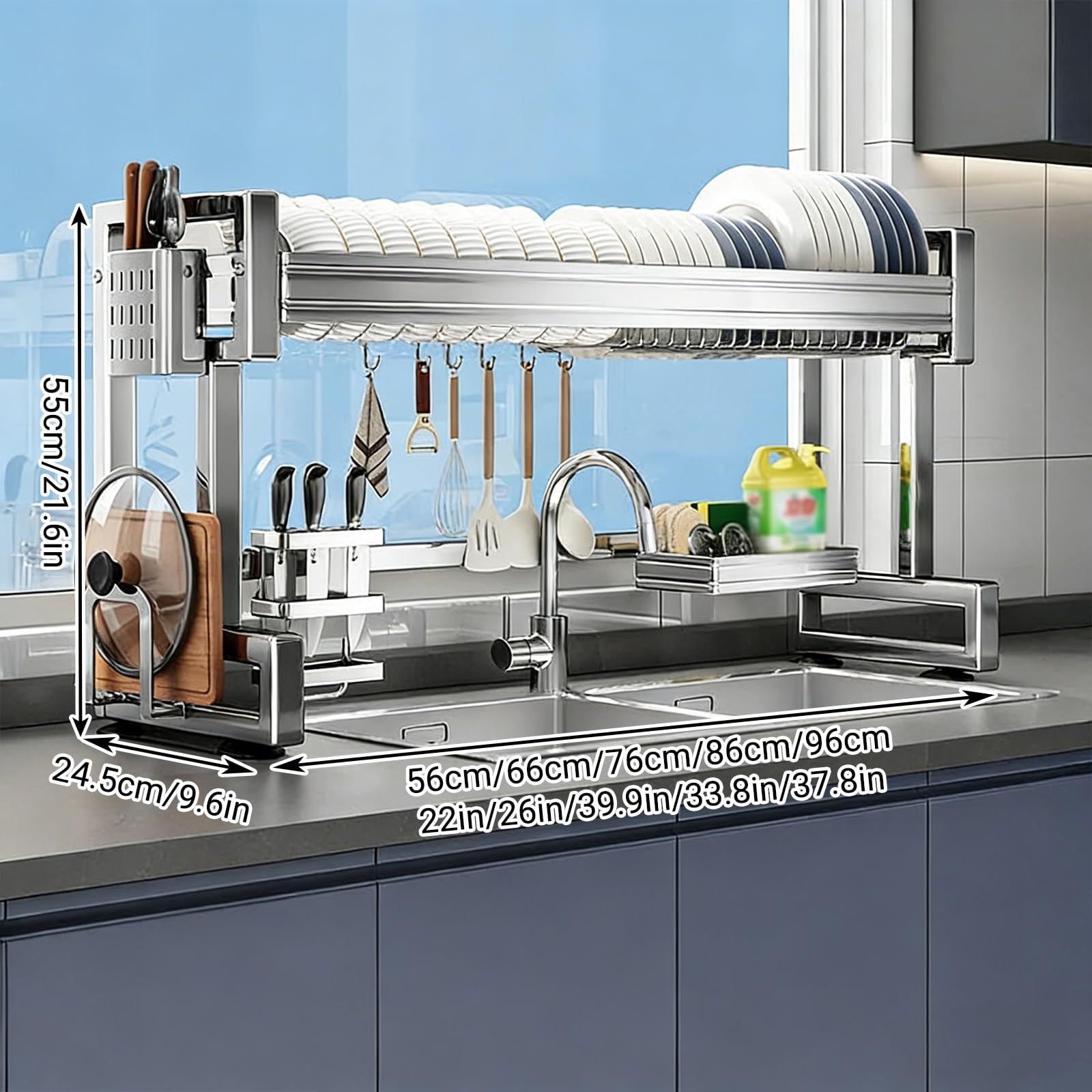 Escurridor de platos de acero inoxidable sobre el fregadero, escurridor expandible de 2 niveles con soporte para utensilios, diseño que ahorra espacio para platos, vasos, cuencos y cubiertos