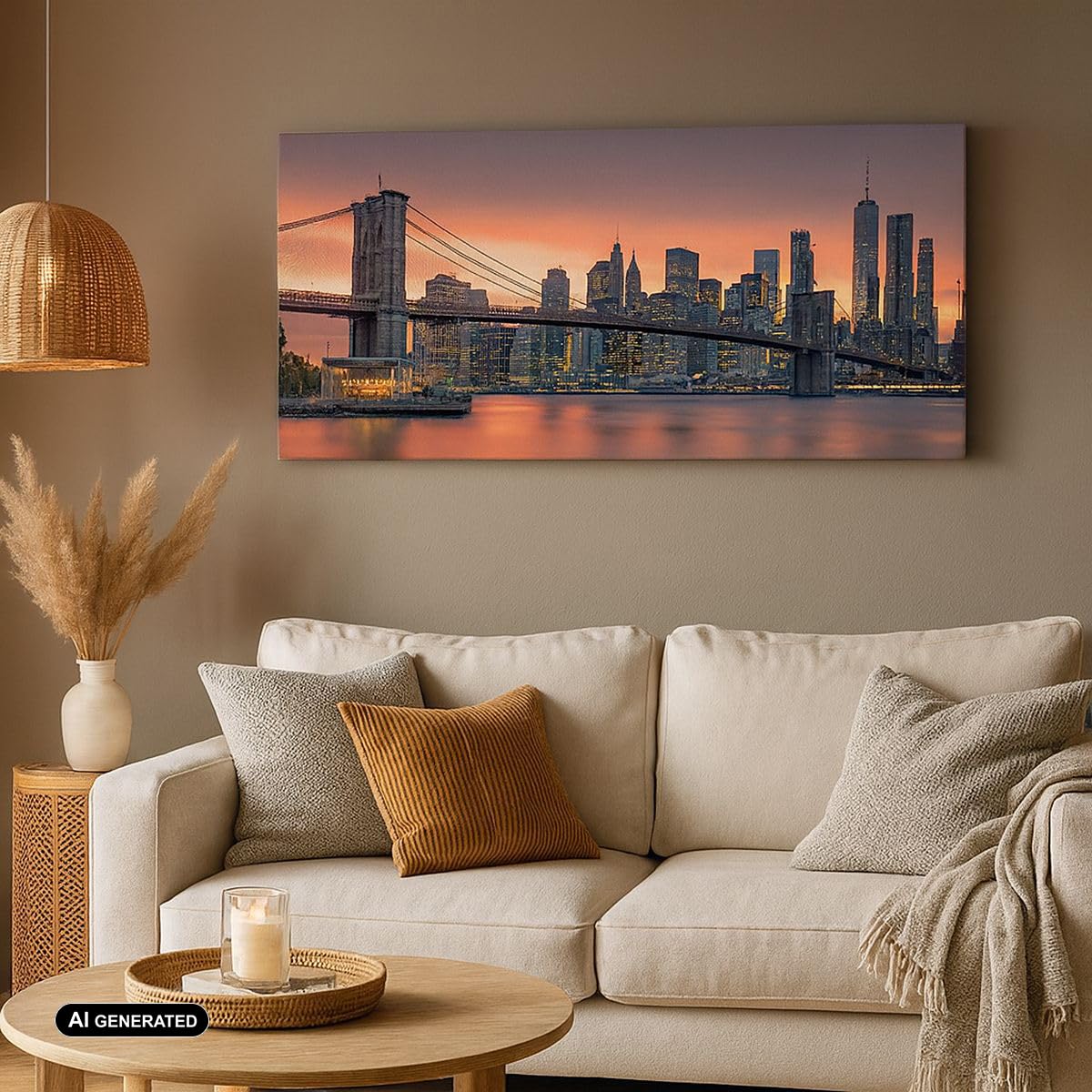 ARTTOR Leinwandbild 140x50cm Wandbild Architektur Städte - 4048 | New York Brücke Nacht Panorama Groß XXL Wanddekoration Wohnzimmer Schlafzimmer Wanddeko Wand Kunstdruck Wandkunst ARTTOR