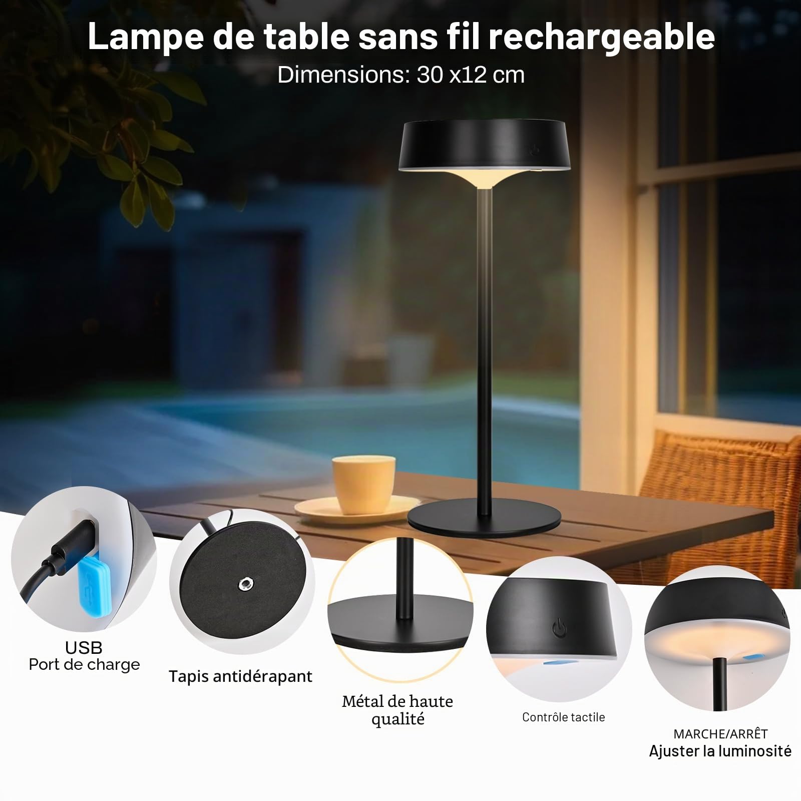 Lot de 2 Lampe de Table Exterieur, IP67 Lampe Chevet sans Fil Dimmables | Alinana 3 CCT Lampe Solaire Interieur, Lampe de Chevet Rechargeable , pour Salle à Manger, Chambre, Salon, Camping