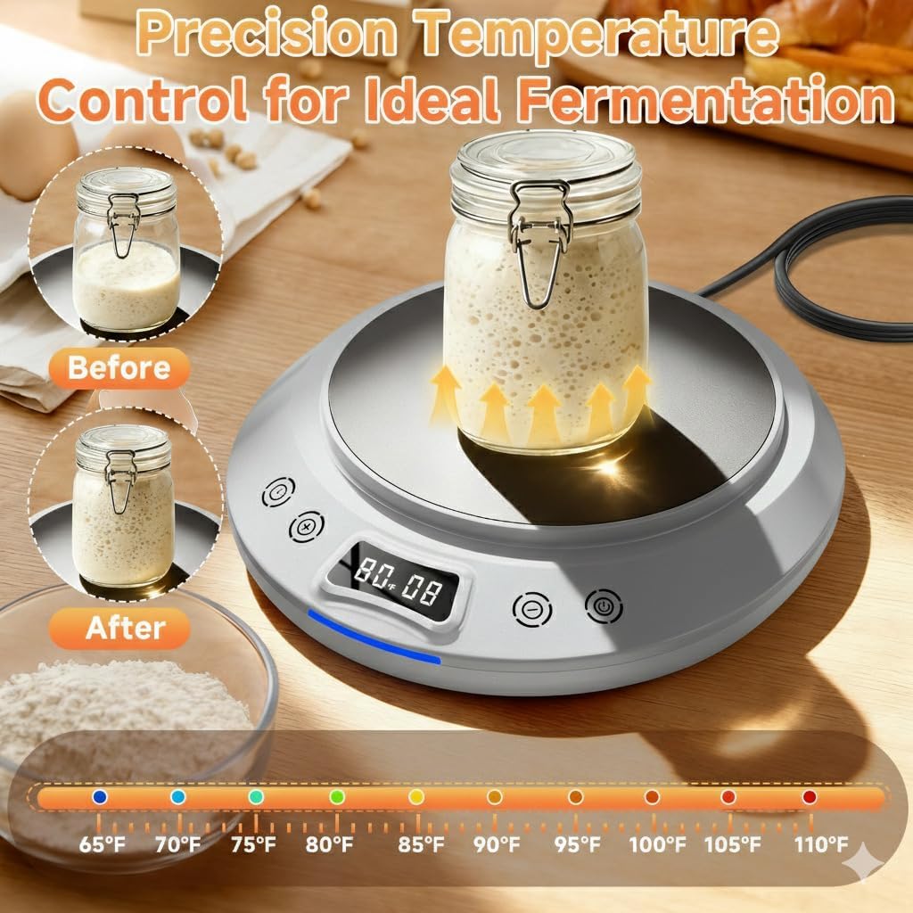 Sourdough Starter Warmer，2026 Upgrade Heating Plate, Bread Maker Machine Helper, 1°F Control (65–110°F), 24H Timer, Sourdough Tools，Perfect for Home Baking (Silver)
