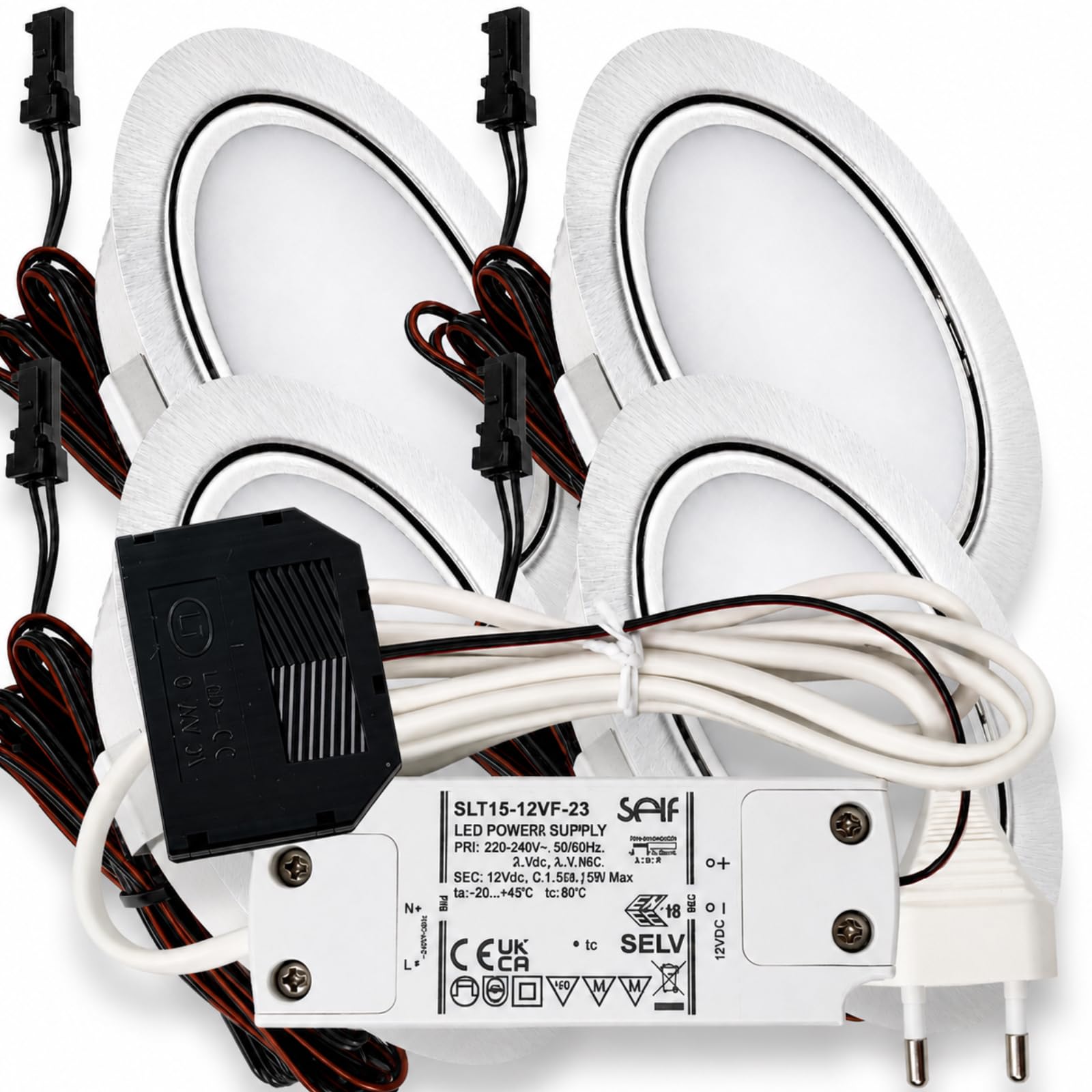 4er Set LED Einbauleuchte Emma 12V 3W Warmweiß 3000K | Ultra flach Ø65mm Einbaustrahler IP20 für Möbel, Küche & Schrank | Mit Plug-and-Play Trafo, Mini-Verteiler & 230V Zuleitung mit Eurostecker