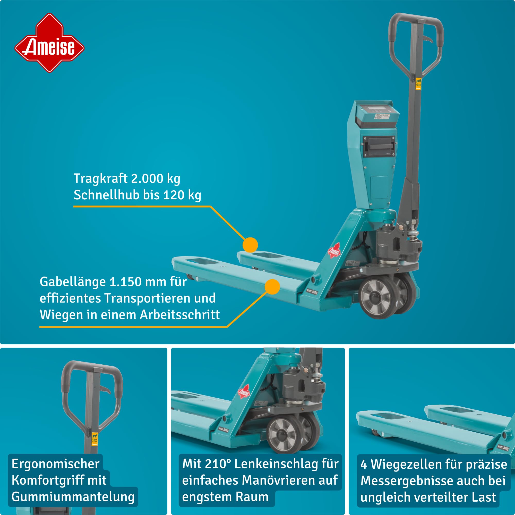 Ameise Hubwagen PTM mit Präzisionswaage | Display mit 0,2/0,5/1 kg Schritten | 2.000 kg Tragkraft | 1.150 mm Gabellänge | Vollgummi Lenkrad | Polyurethan Einfach-Gabelrollen | Schnellhub bis 120 kg