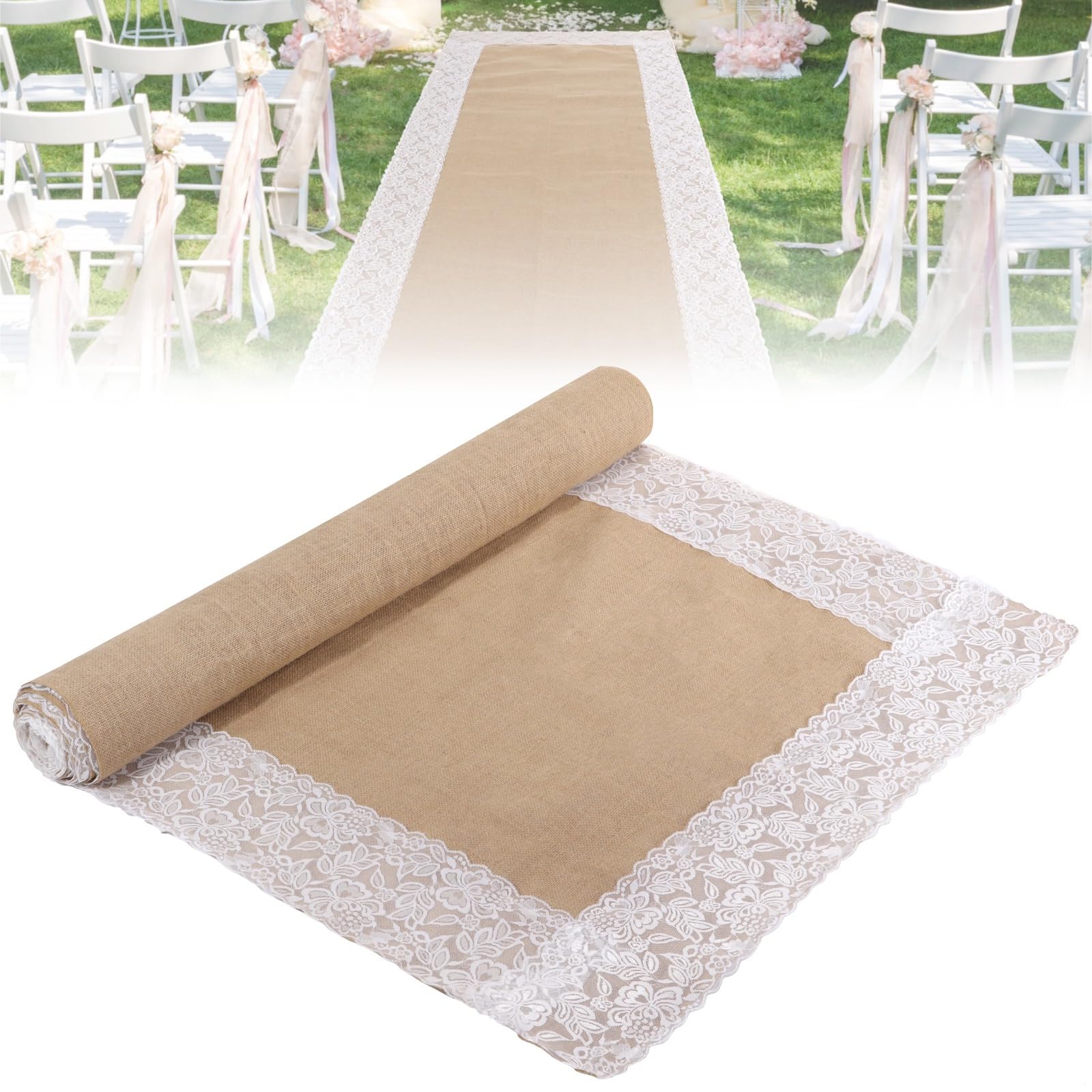 Chemin d'allée en toile de jute naturelle avec dentelle, 90,9 cm x 6 m, chemin de couloir rustique pour mariage et fête pour événements en plein air, tapis de couloir en toile de jute marron