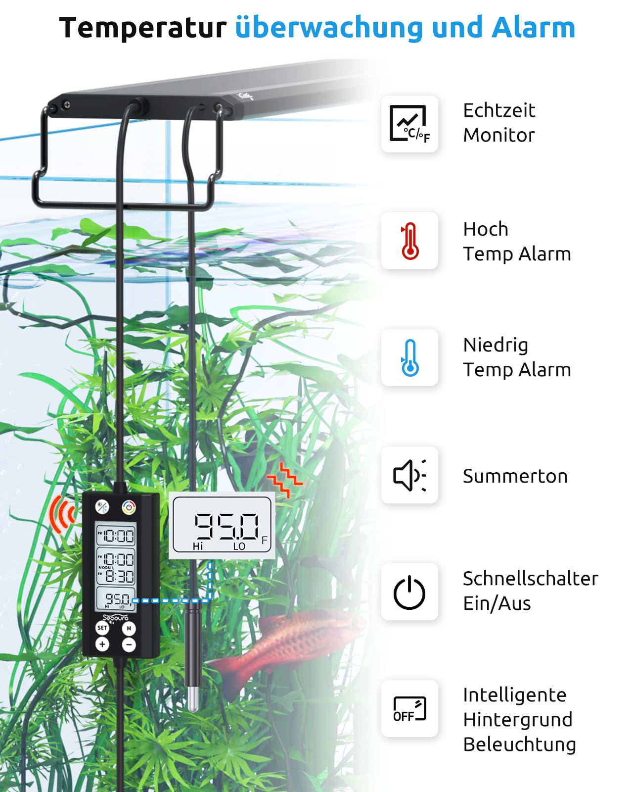 SEAOURA Aquarium Lampe mit Temperaturalarm, 90-106cm Vollspektrum LED, 24/7 programmierbar mit Speicherfunktion, WRGB individuell, 20 dimmbare Helligkeitsstufen für Süßwasseraquarien