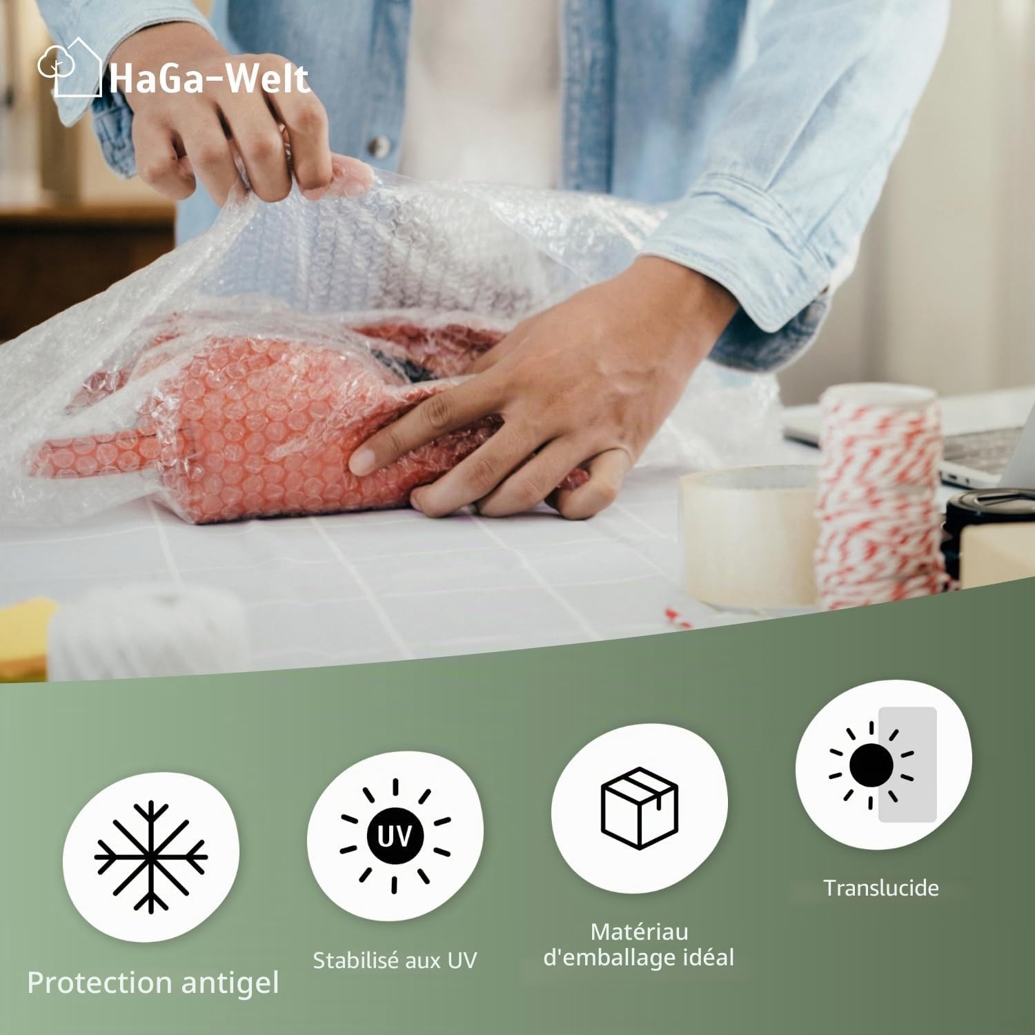 HaGa® Film isolant à bulles 1,2m x 50m Film à bulles pour serre – Protection hivernale pour plantes et légumes – Compatible avec les plantes et résistant aux intempéries