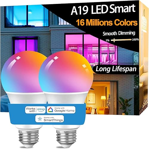 Vinaco Bombilla LED inteligente A19 de 9 W, 800 lm, equivalente a 60 W, bombilla RGB que cambia de color, funciona con Alexa y Google Assistant,