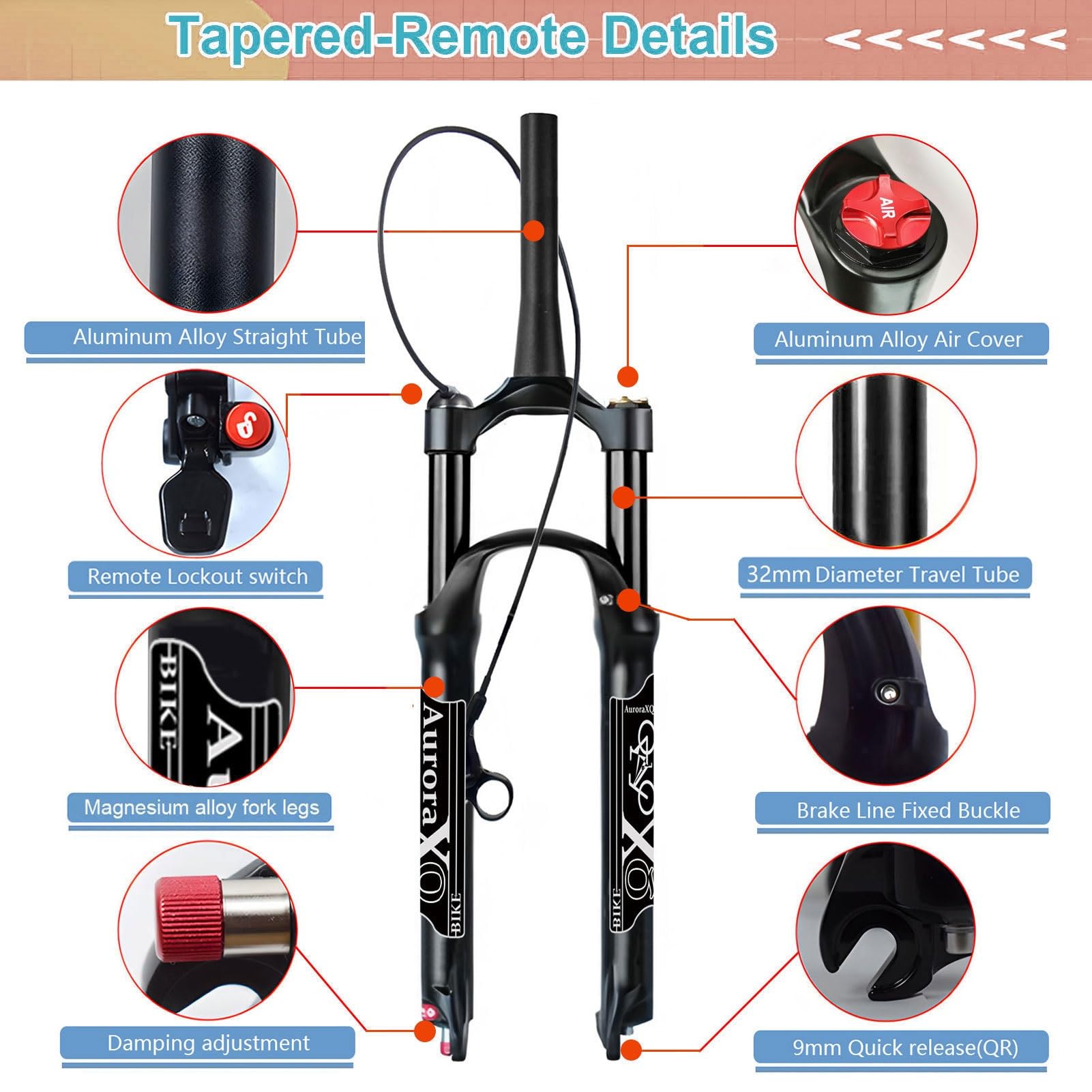 Forcella Anteriore in Lega di magnesio con Sospensione pneumatica, Adatta per Bici MTB/AM/XC Offroad con Freni a Disco, Ruote da 26, 27,5 e 29 Pollici, con Regolazione del Ritorno