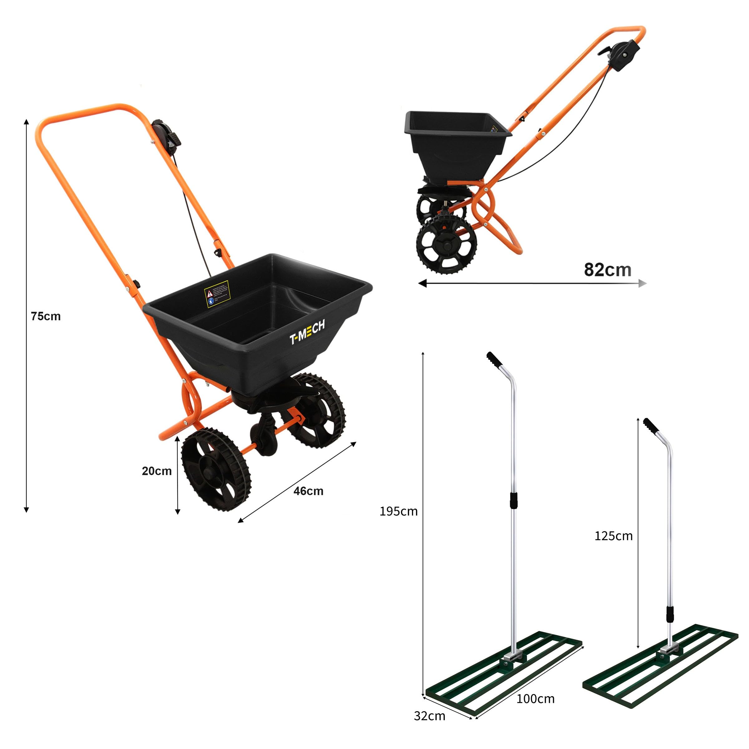 Niveleur de Pelouse & Épandeur Rotatif 100 cm x 32cm (Vert) Engrais Râteau Nivellement Jardin Lute Manche Extensible 1,15-1,9m Prise Facile Capacité 25kg Gravier Sable Graine Housse De Pluie & Gants