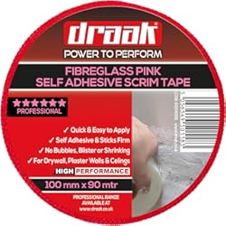 Panel De Fibra DRAAK Cinta adhesiva para paneles de yeso, 100 mm x 90 m de largo, color rosa, para paneles de yeso, fibra de vidrio, autoadhesiva, reparación de agujeros de pared o grietas (1, 100 mm, rosa)