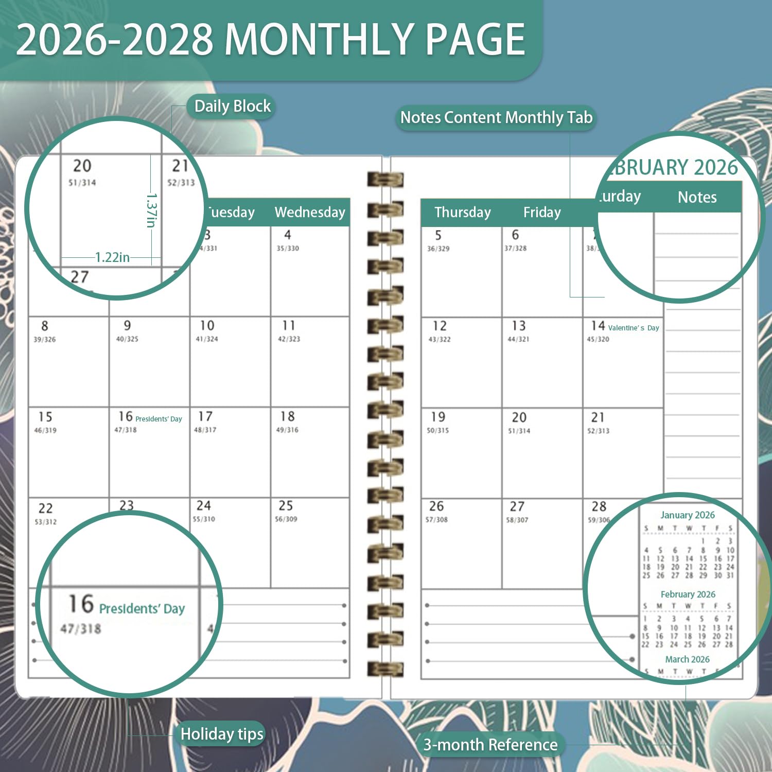 Agenda 2026-2028, agenda semanal y mensual, cuaderno de planificación de calendario diario, organizador de tapa dura, adecuado para profesores y estudiantes, suministros de oficina para mujeres y
