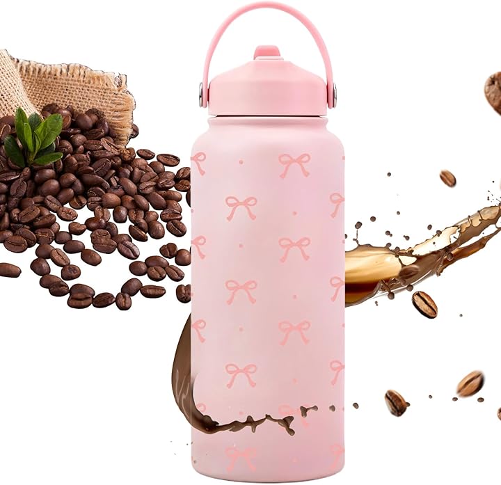 Isı Yalıtımlı Su Şişesi | 1 lt Kurdele Desenli Paslanmaz Çelik Vakumlu Termos | Sızdırmaz Pipetli Su Mataraları,Sıcak Soğuk İçecekler Okul Spor Ev Seyahat İçin