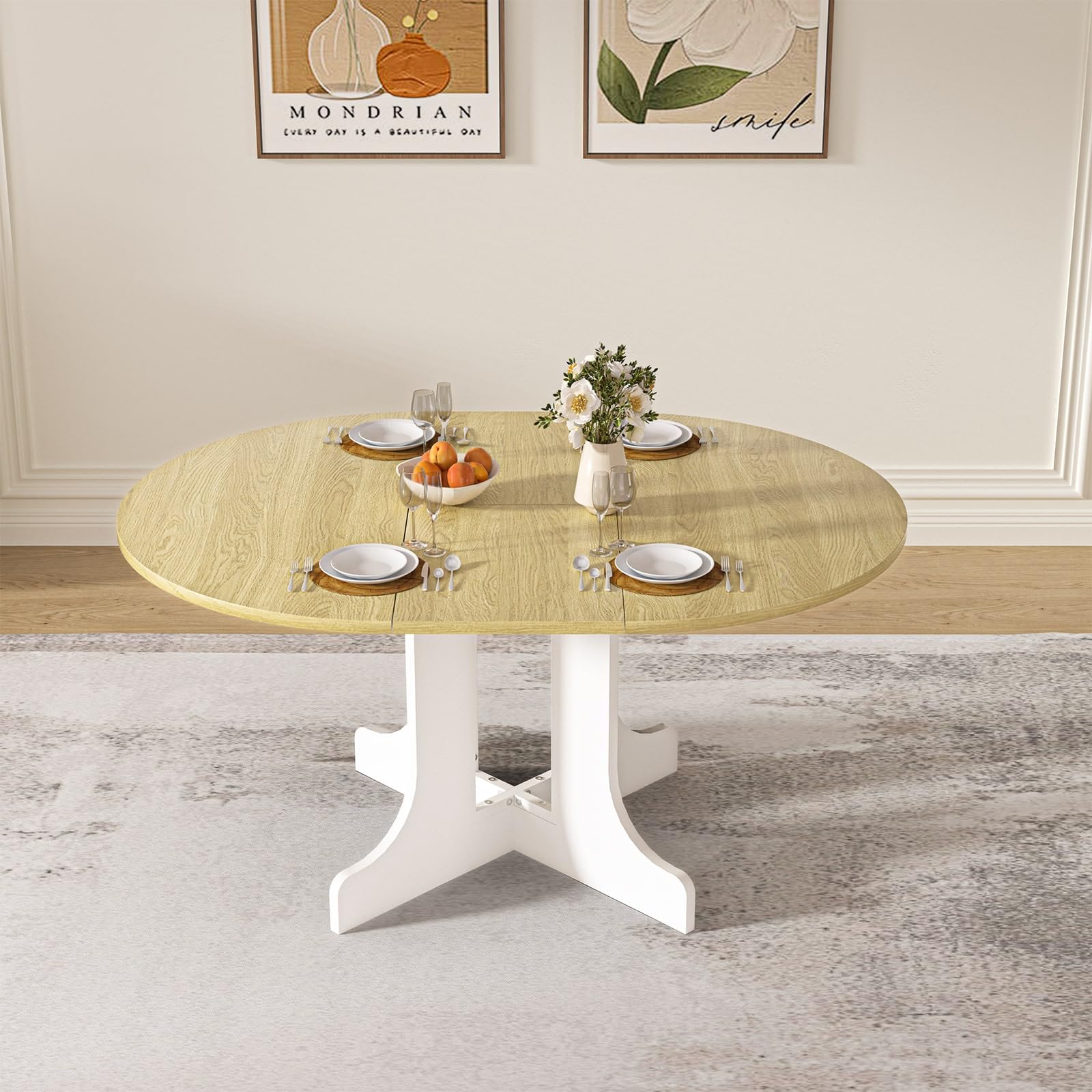 Aimerive Round Extendable Dining Table for 4-6 Extendable Round Dining Table for Dining Room with Heavy Duty Pedestal Base & Wooden Top Oval