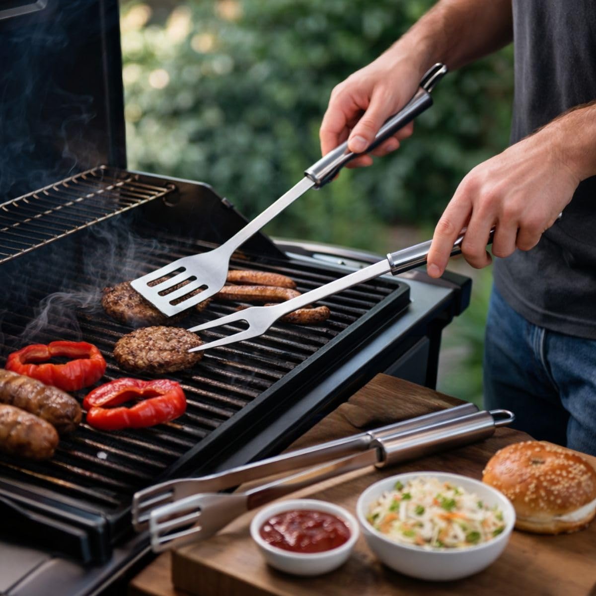 Alpina Kit Barbecue Ustensiles 3 Pièces - Pince et Spatule Acier Inoxydable - Fourchette à Viande Argent