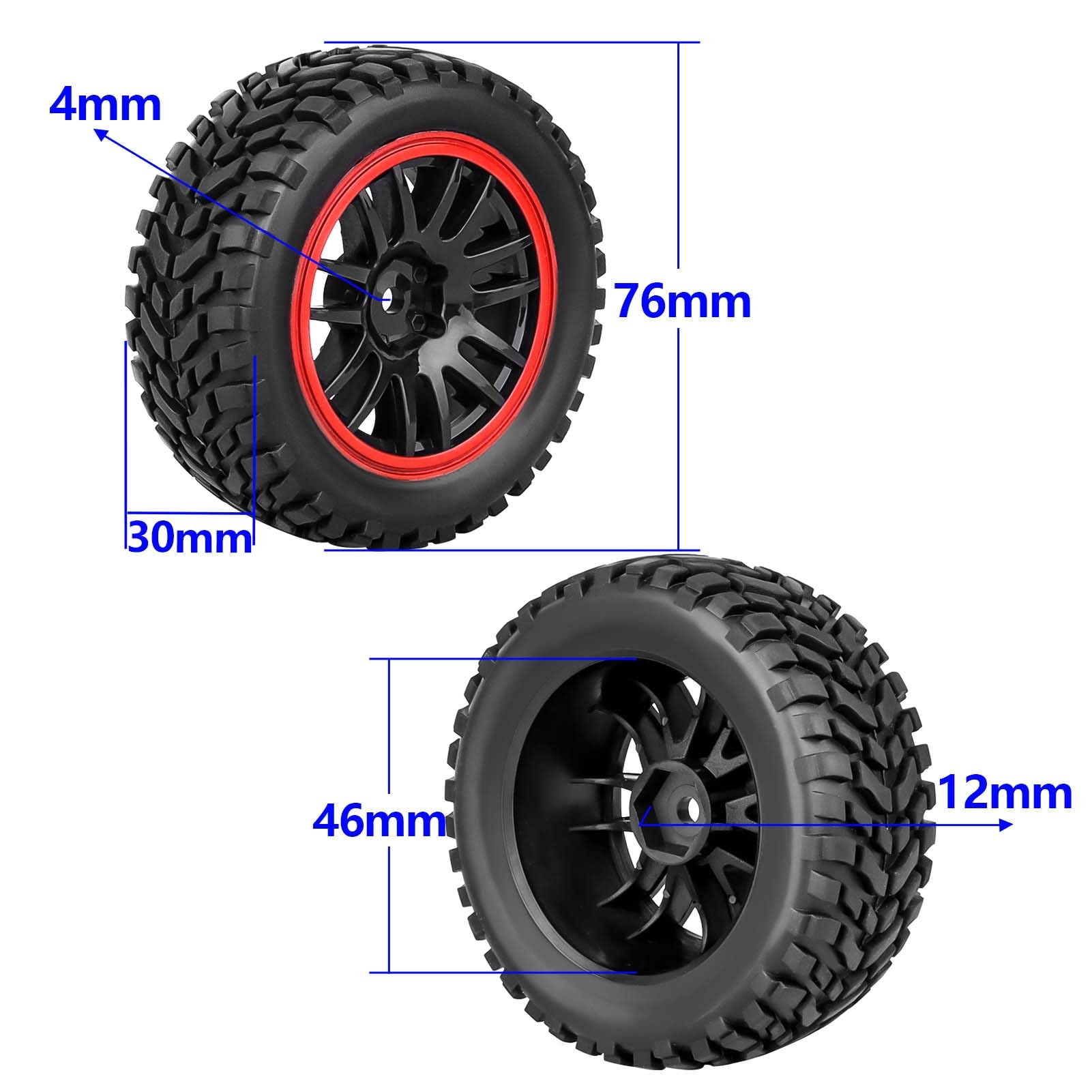 4-Pack 1:10 Scale RC On-Road Tires & Wheels - 12mm Hex, 65mm Diameter, Fits Traxxas, Redcat, Tamiya