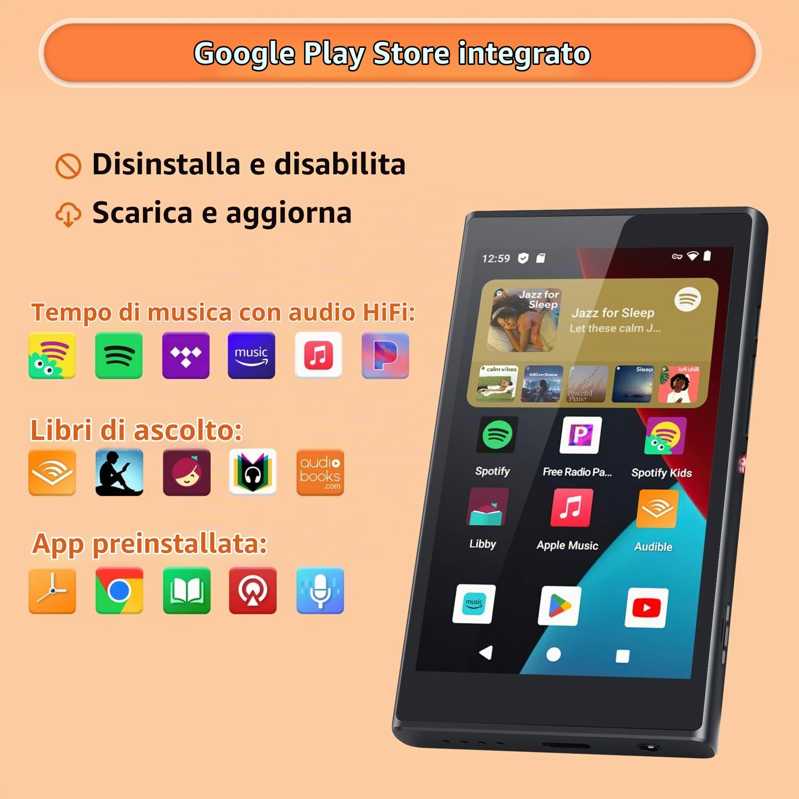 Lettore MP3 da 96 GB con Bluetooth e WiFi, lettore musicale Android 14 con Play Store, Spotify, Pandora, Amazon Music, schermo IPS da 4", MP3 e MP4 per bambini con Libby, Audible, fino a 512 GB