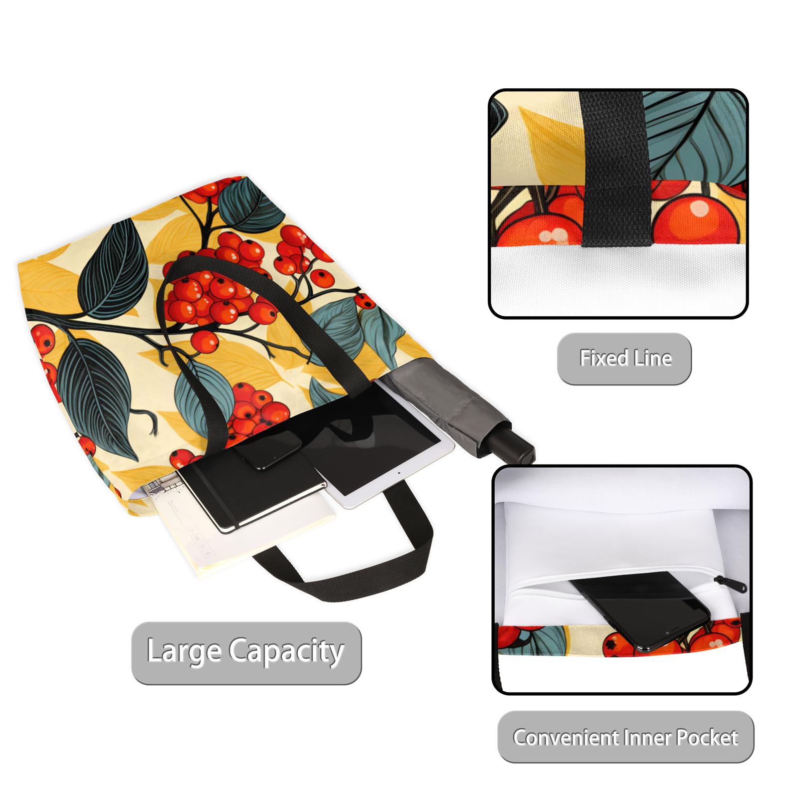 Mularoka Berry Leaves Watercolour Large Capacity Canvas Tote Bag Stylish Handheld Shoulder Bag Reusable Shopping Bag for Work Travel Beach Trips Shopping