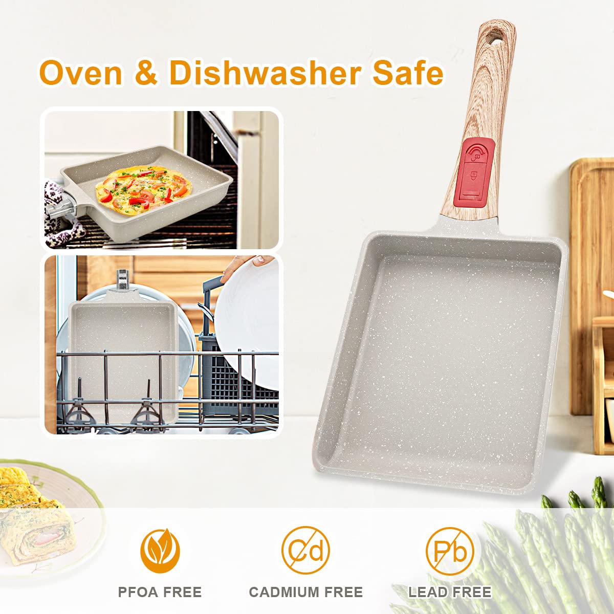 Sartén Japonesa Antiadherente para Tortillas y Tamagoyaki - Rectangular para Huevos con Mango Extraíble 19 * 16 CM, Apta para Horno y Lavavajillas