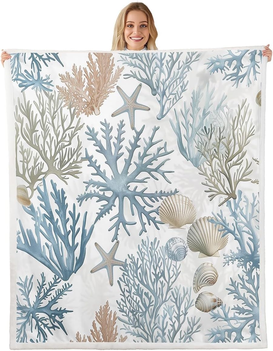 Erosebridal Nautical Seashell Starfish Fleece Blanket Queen 90x90 Blue Coastal Ocean Beach Sherpa Blanket Coral Sea Decor Set Marine Life Underwater Fuzzy Plush Throw