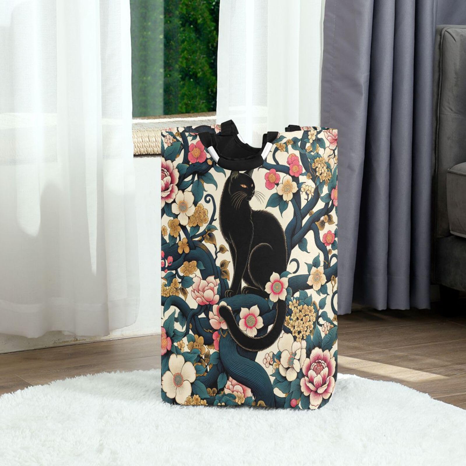 Jihqo Laundry Hamper Basket Black Cat and Japanese Flowers Collapsible Nursery Storage Bin Waterproof Clothing Baskets for Home Bedroom Bathroom Washing Room