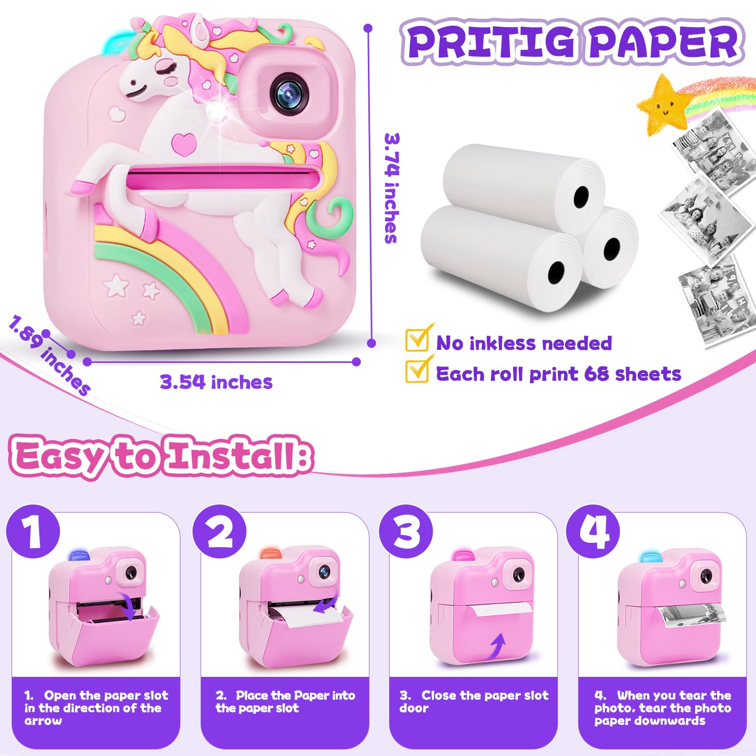 E-WOR Kinderkamera Sofortbildkamera 1080P Digitalkamera mit 32GB Karte & Druckpapier Rosa