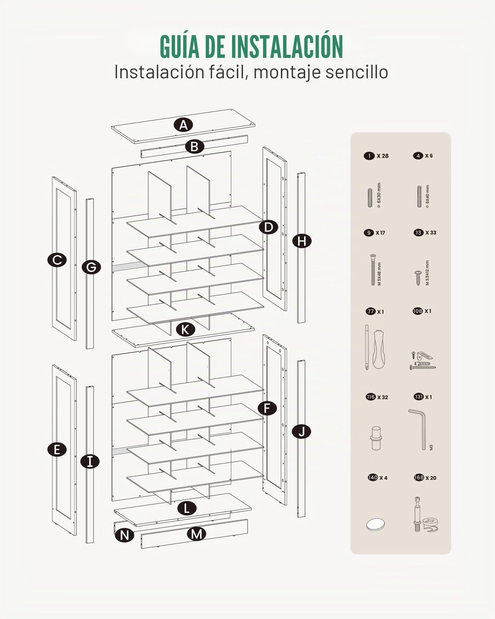 Hzuaneri Mueble Zapatero con 30 Compartimentos, Zapatero Entrada Recibidor con Estantes Ajustables, 73 x 30,5 x 180 cm, Blanco SR53003X