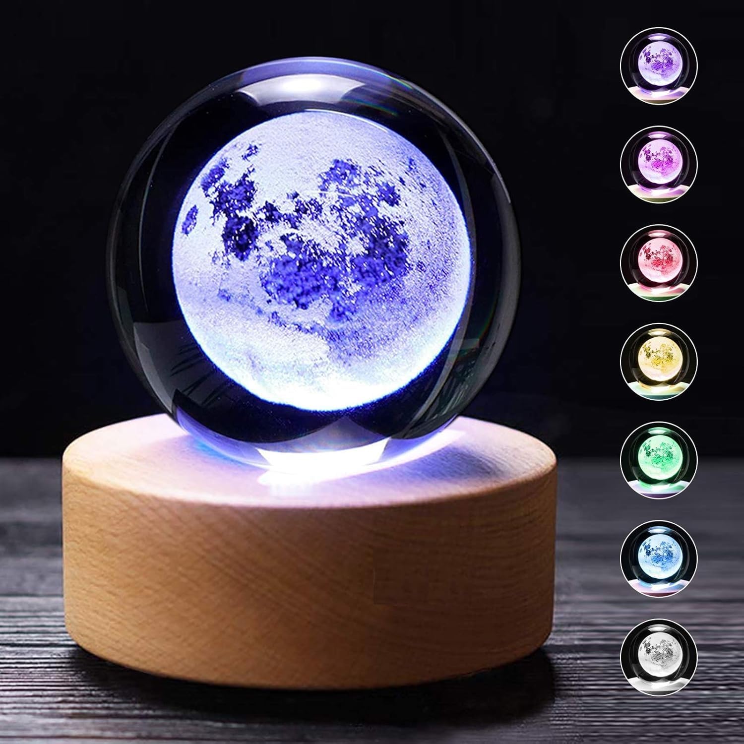 Desidiya 3D Moon Multi Crystal Ball Night Light with Wooden Base - LED USB Table Lamp for Kids, Teens, and Home Decor
