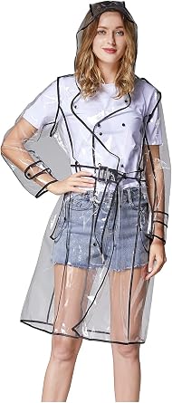 Freesmily Women Long Transparent Raincoat Waterproof Clear Rain Jacket with Hood Belt Black Edge