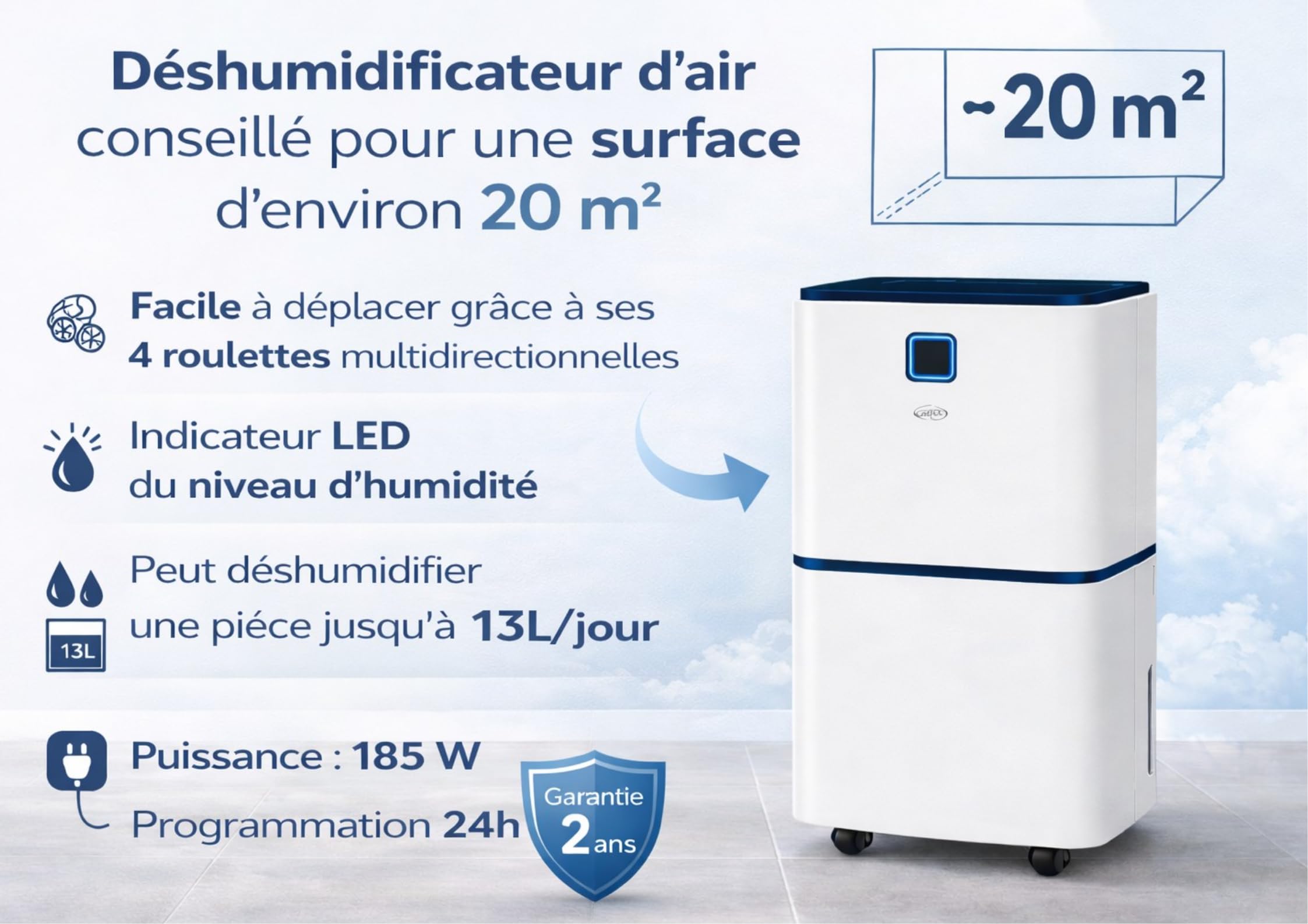 Argo Dry Pury EVO 13 - Deumidificatore da 13 litri/24h, Tanica 2 litri, Bianco