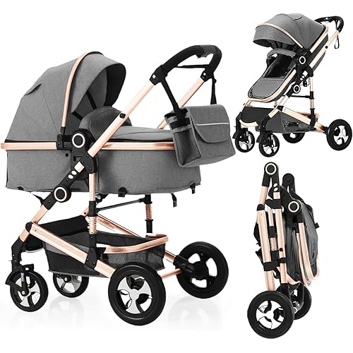 TODECARE 2 in 1 Baby Stroller, Convertible Pushchair Stroller w/Reversible Seat, Foldable Newborn Pram Carriage, Adjustable Canopy, Storage Basket, Diaper Bag & Cup Holder, 0-36 Months, Gold