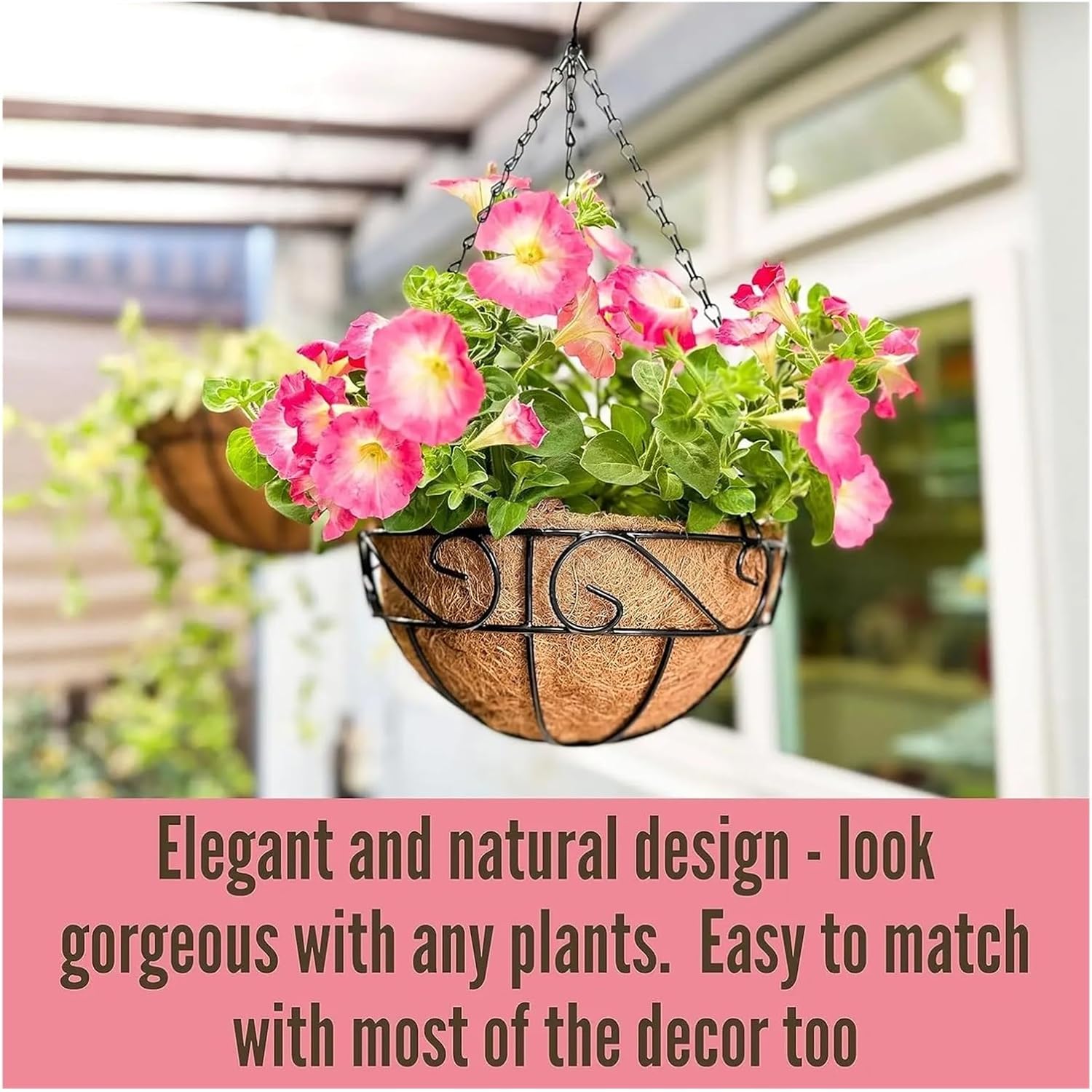 12 Inch Hanging Planter with Coco Liner, Black Metal Wire Basket for Outdoor Plants, Balcony Decor