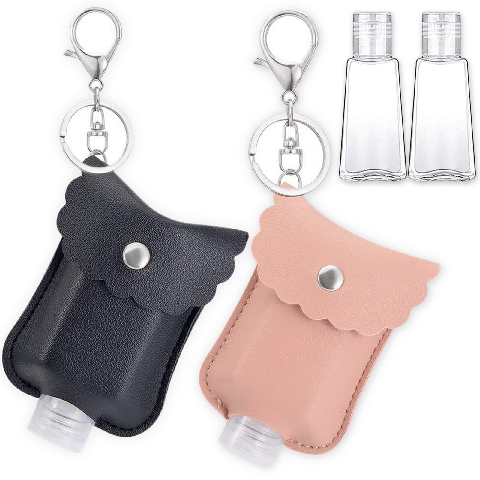 Acehome Portable Empty Travel Bottle Set, Leakproof Plastic Travel Bottle with Leather Keychain Holder, Refillable Containers for Toiletry Shampoo Lotion Soap, 2 Leather Holder & 4 Bottles