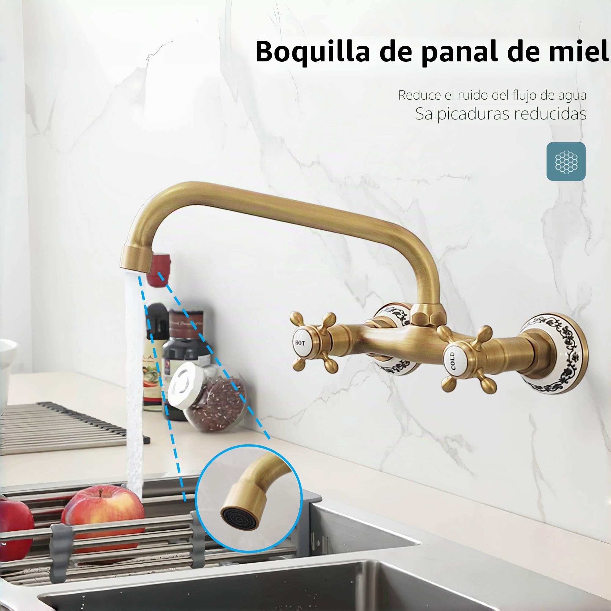 Grifo Cocina Pared Latón Antiguo Dos Manijas con Decoración Cerámica
