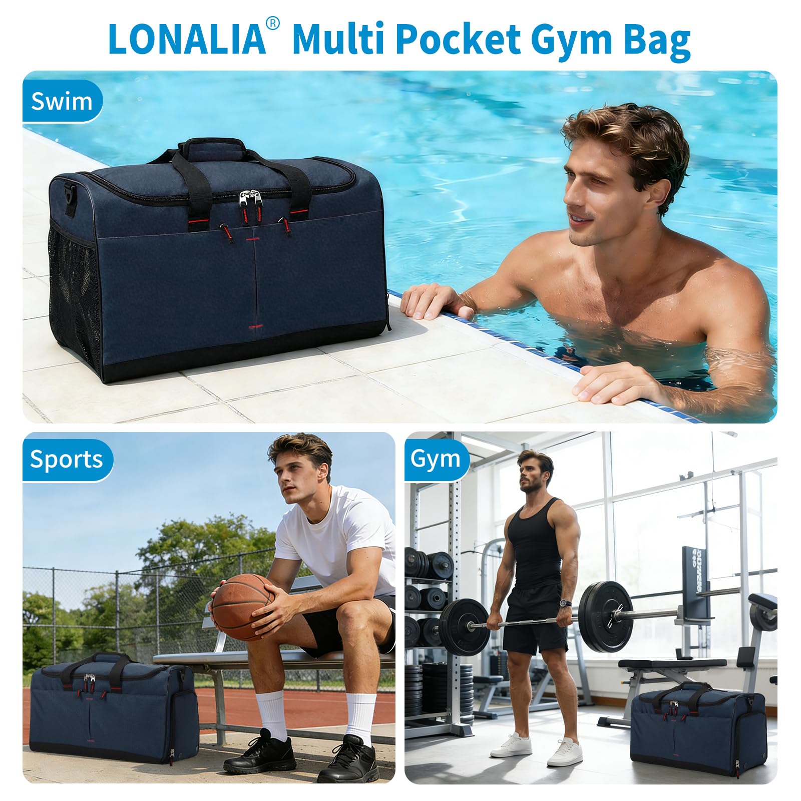Borsa sportiva da 55 l e borsa da viaggio da uomo grande, Blu mare, Sporttasche 21 Zoll, LONALIA 55L Borsa sportiva da viaggio con scomparto per scarpe